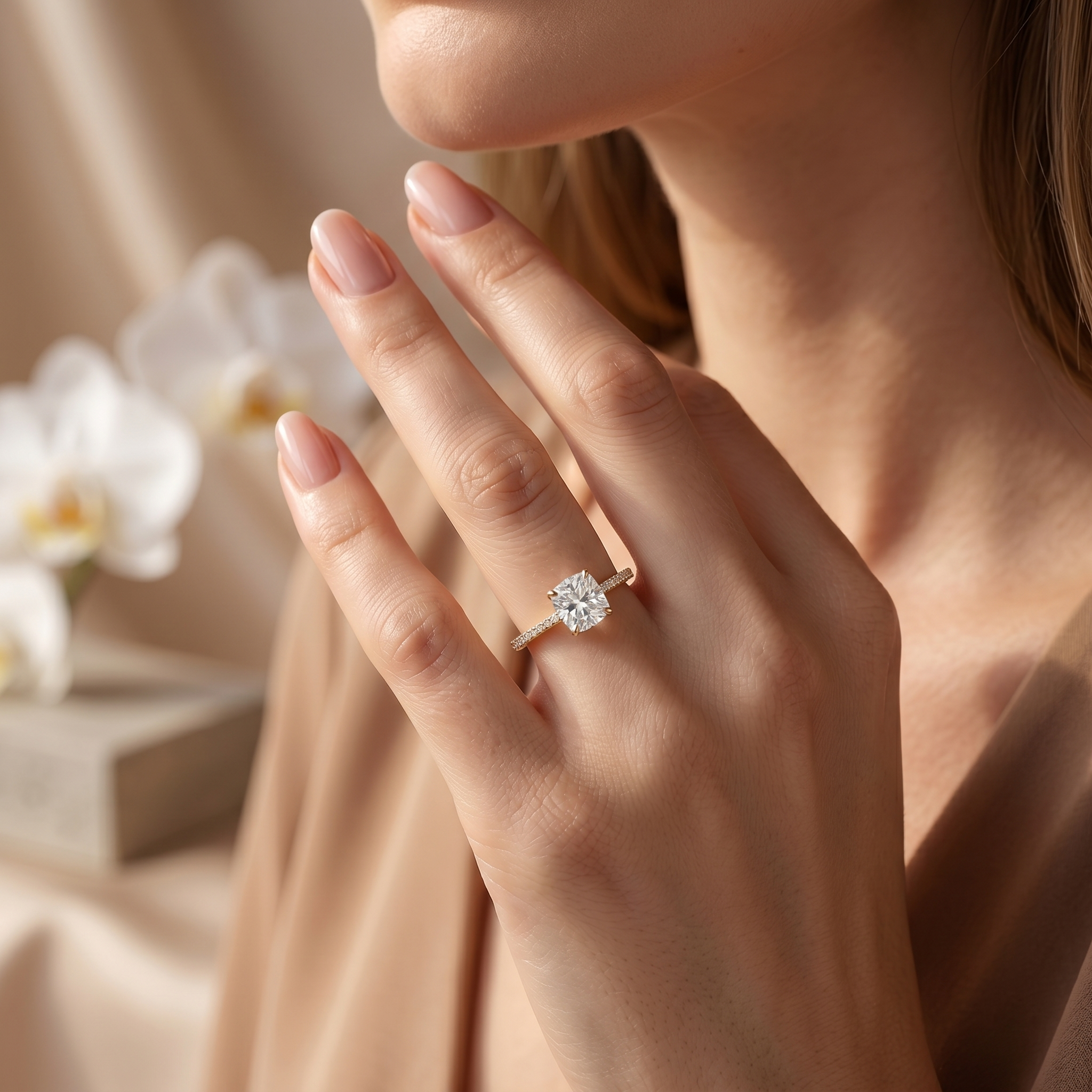 A close-up of a hand wearing a stunning yellow gold cushion-cut moissanite ring against a neutral background.