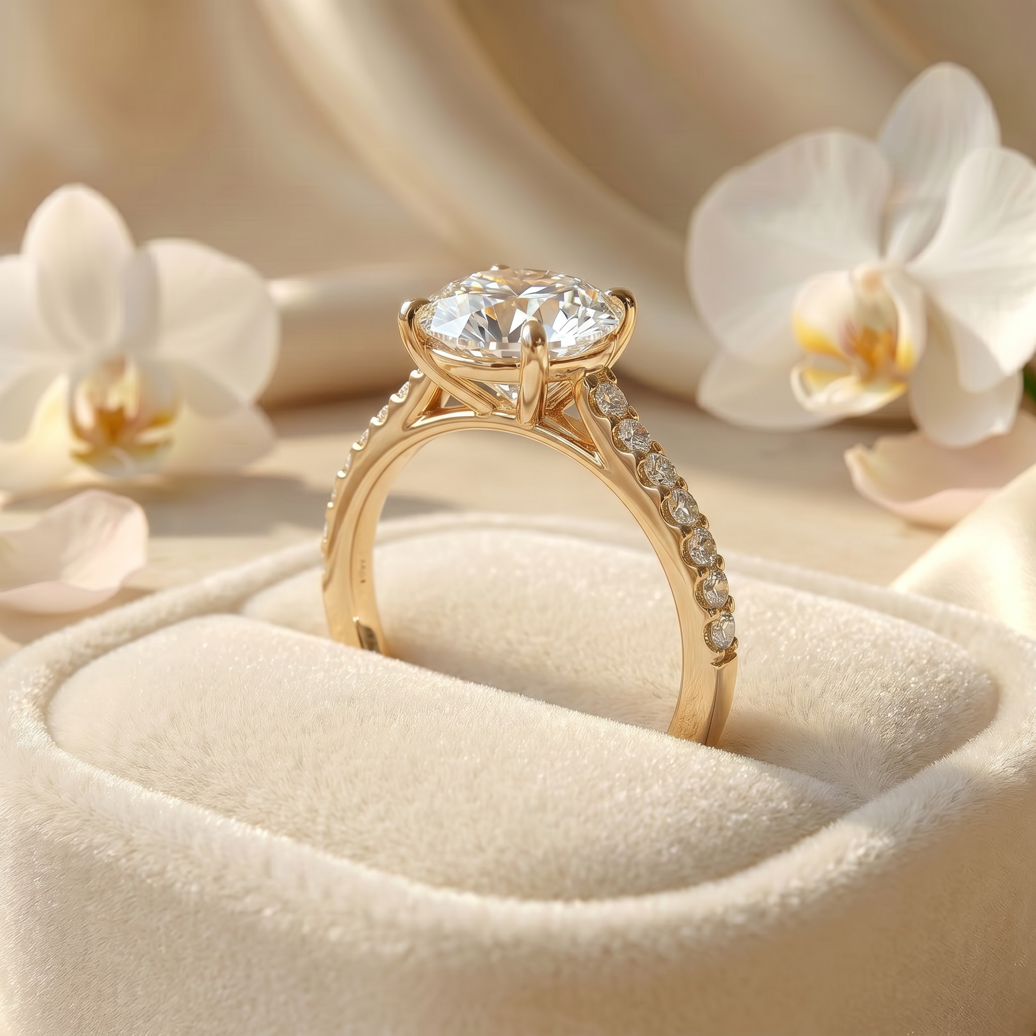 Profile view of a yellow gold moissanite engagement ring in a velvet box, showcasing the pavé-set bridge and basket setting.