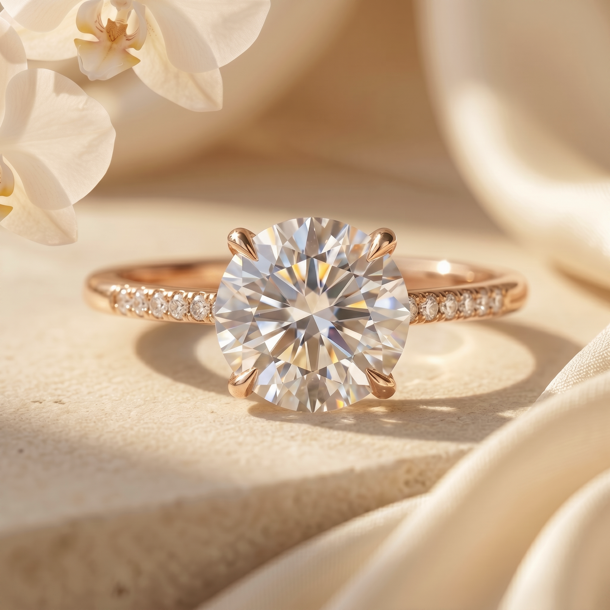 A round brilliant cut moissanite engagement ring featuring a rose gold band embellished with pave-set stones.