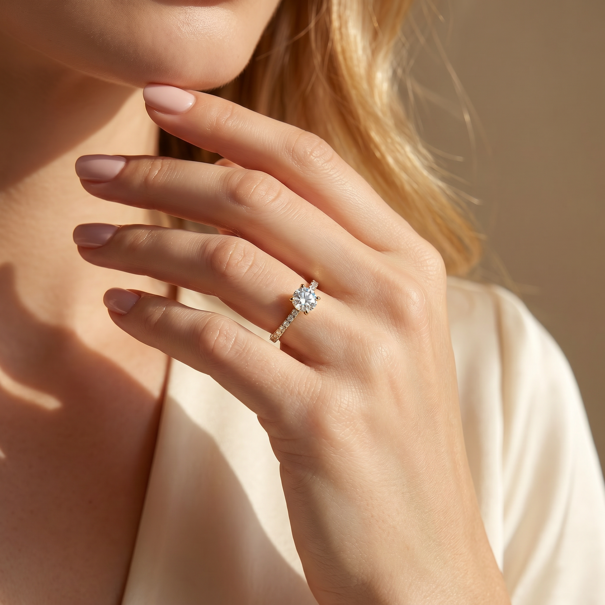 A close-up of a model wearing a delicate yellow gold round-cut moissanite ring with a pavé band.