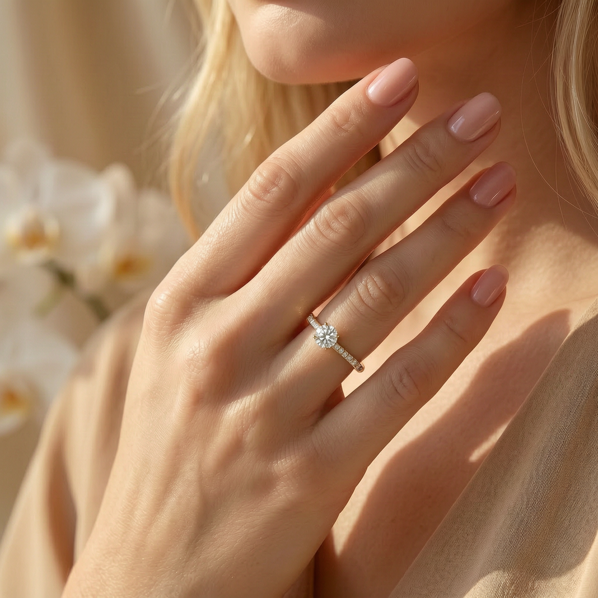 A classic round-cut yellow gold moissanite engagement ring worn beautifully on a model's hand.