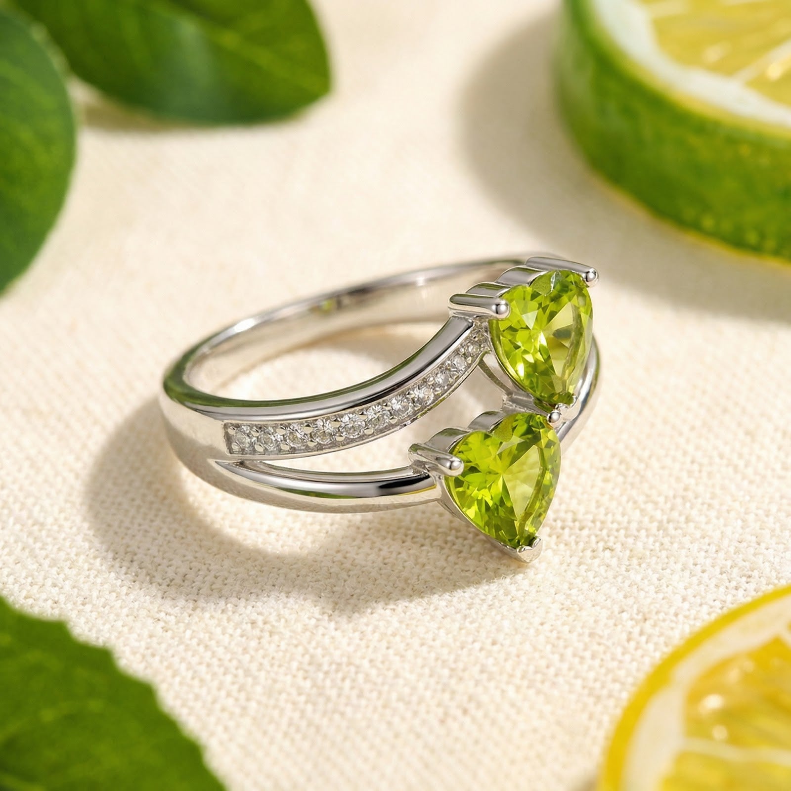 Angled view of the Valisara sterling silver bypass ring with heart-shaped simulated peridot stones and pavé band.
