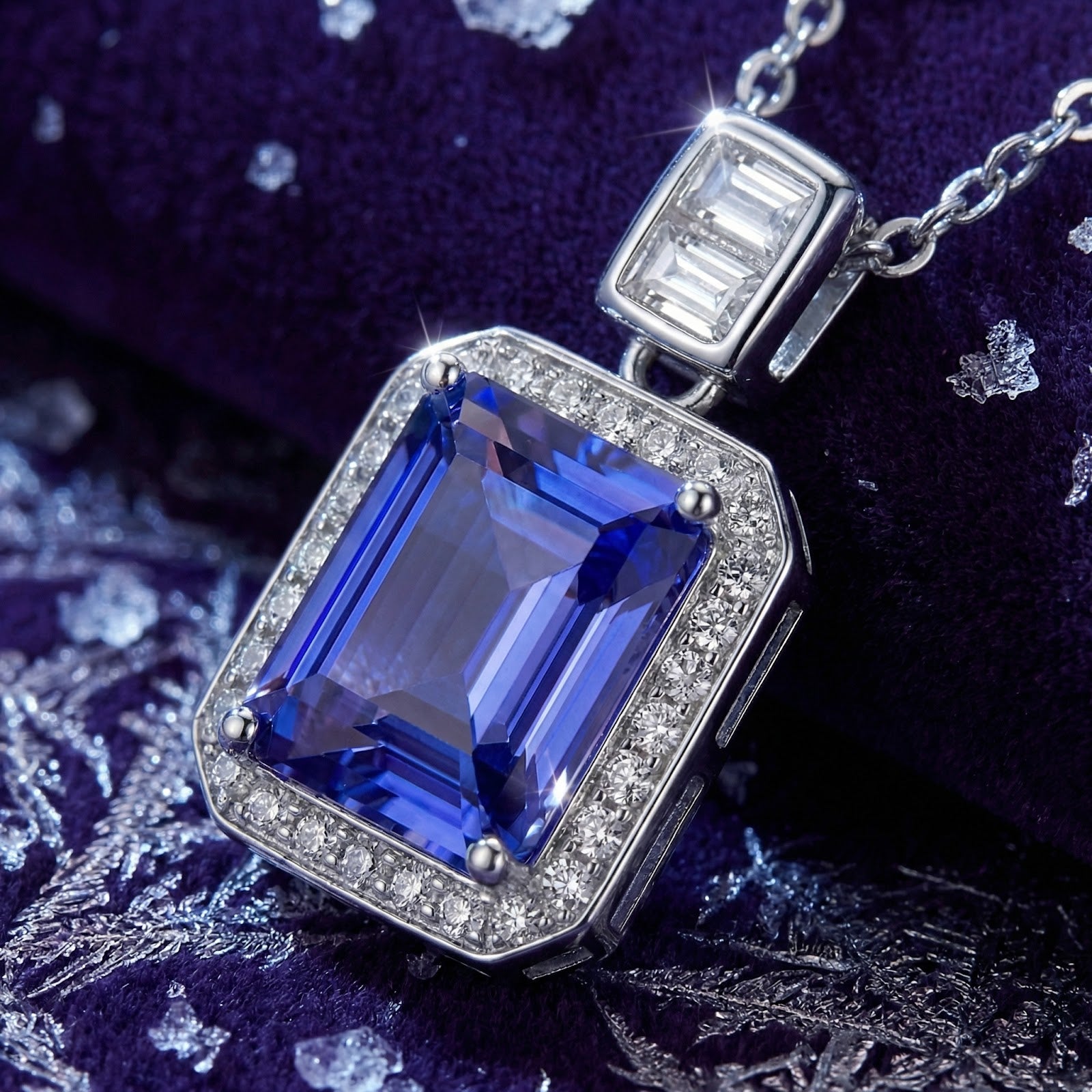 Macro detail of an emerald-cut simulated tanzanite stone in a sterling silver halo setting with precision facets.