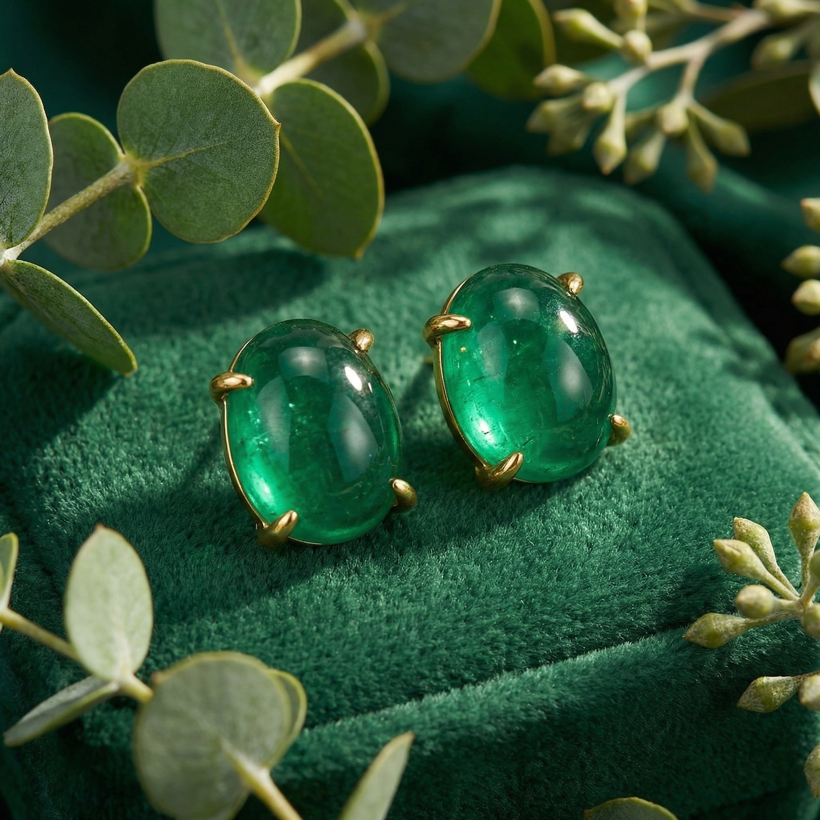 Close-up of oval simulated emerald stud earrings in 18K gold vermeil settings on a green velvet box.