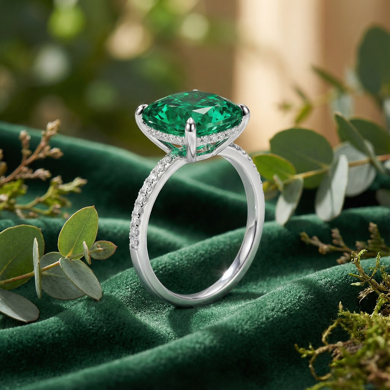Side view of a cushion-cut simulated emerald ring in S925 sterling silver on green velvet with leaves.