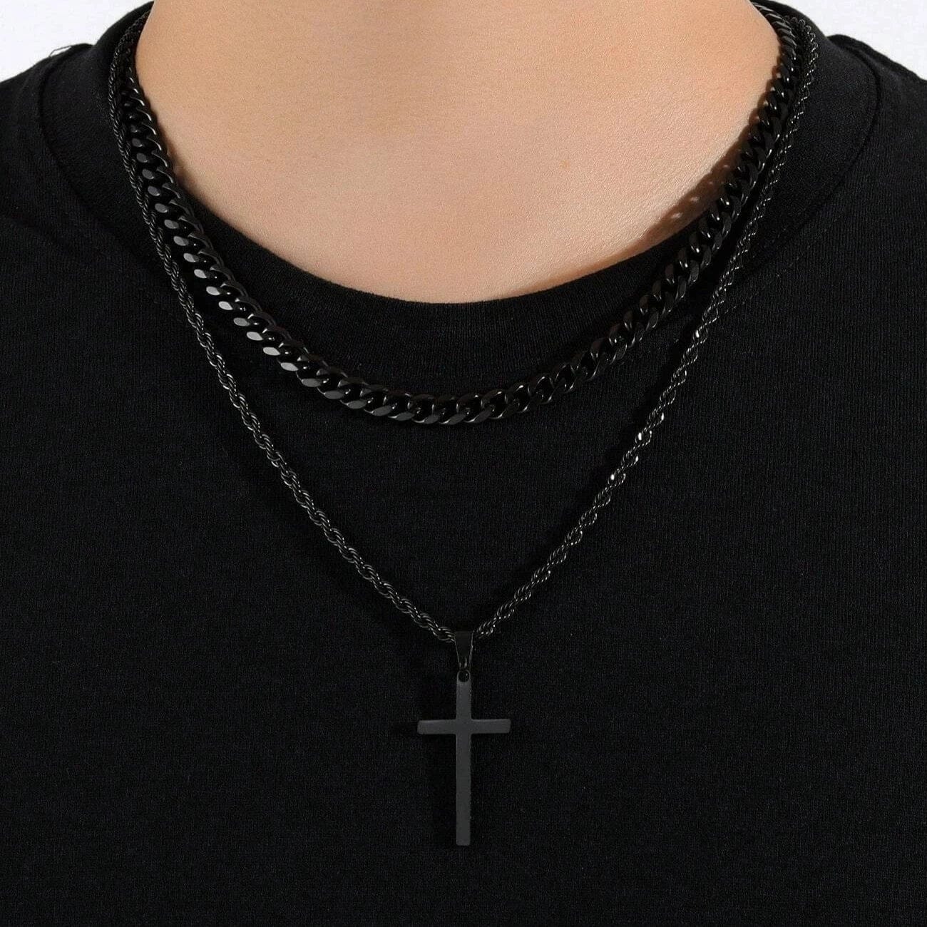 Men's Double Layer Cross Pendant Charm Necklace