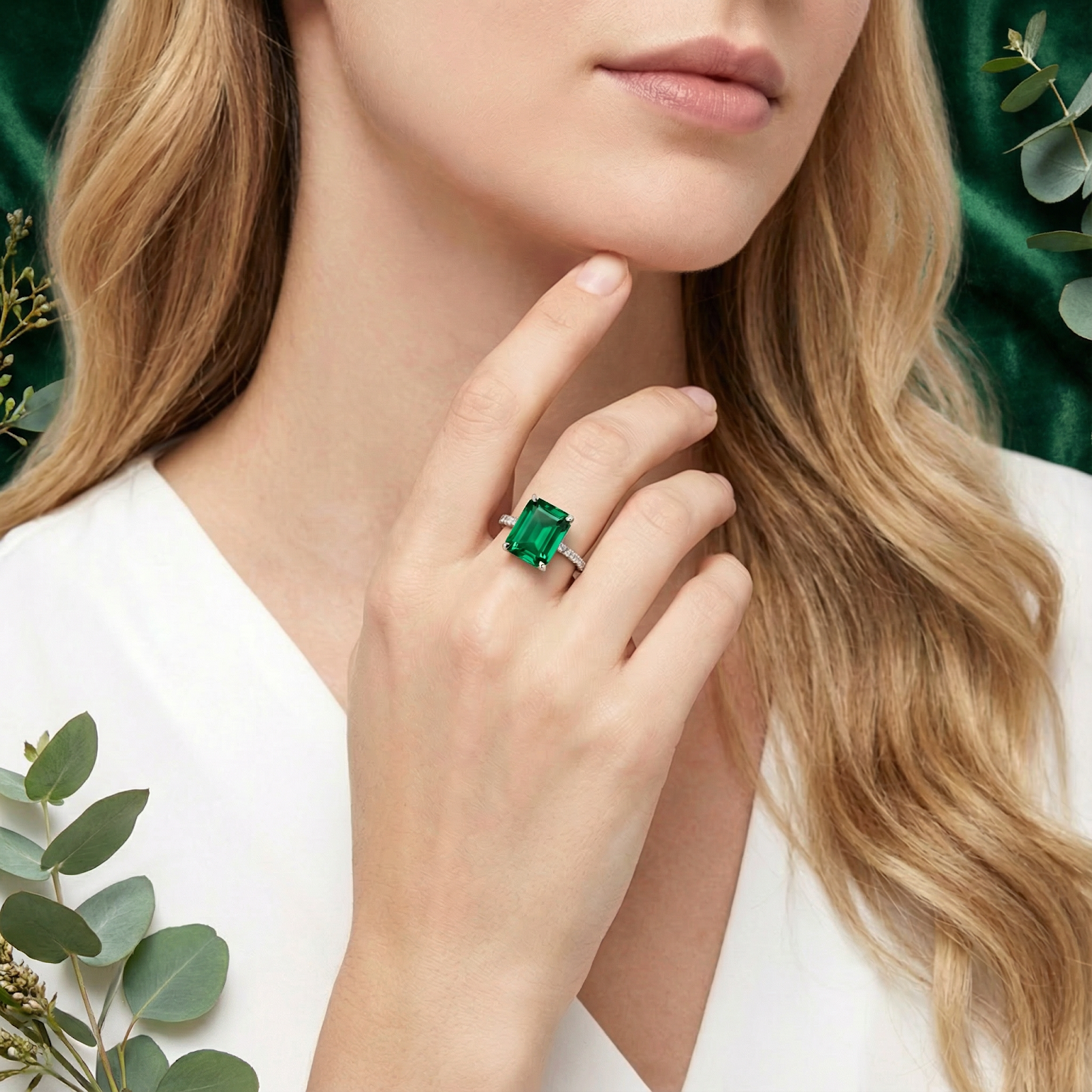 Woman wearing the Arista emerald-cut simulated emerald ring in S925 sterling silver with a white blouse.