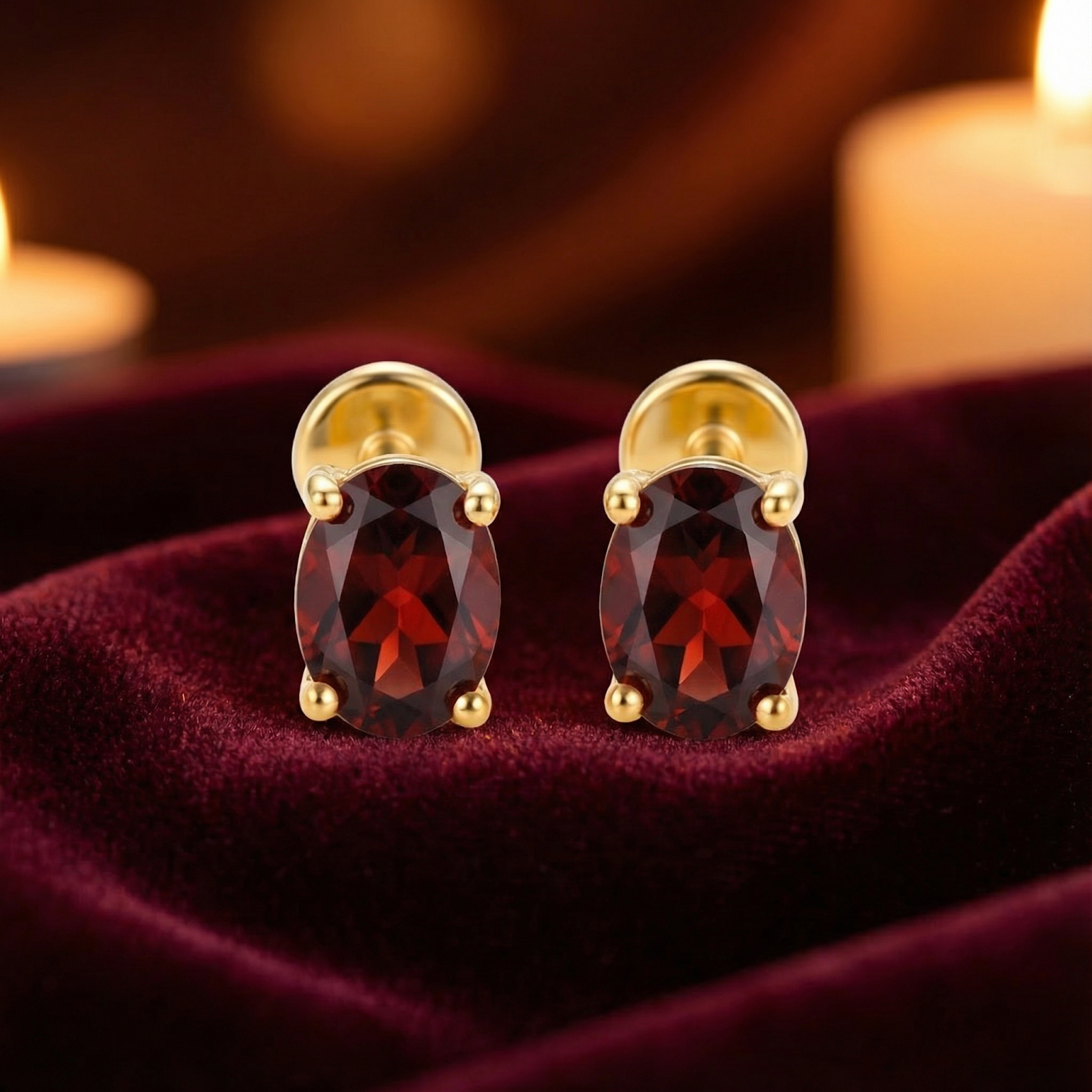 Front view of oval cut simulated garnet stud earrings in 18K gold vermeil on a dark red velvet surface.