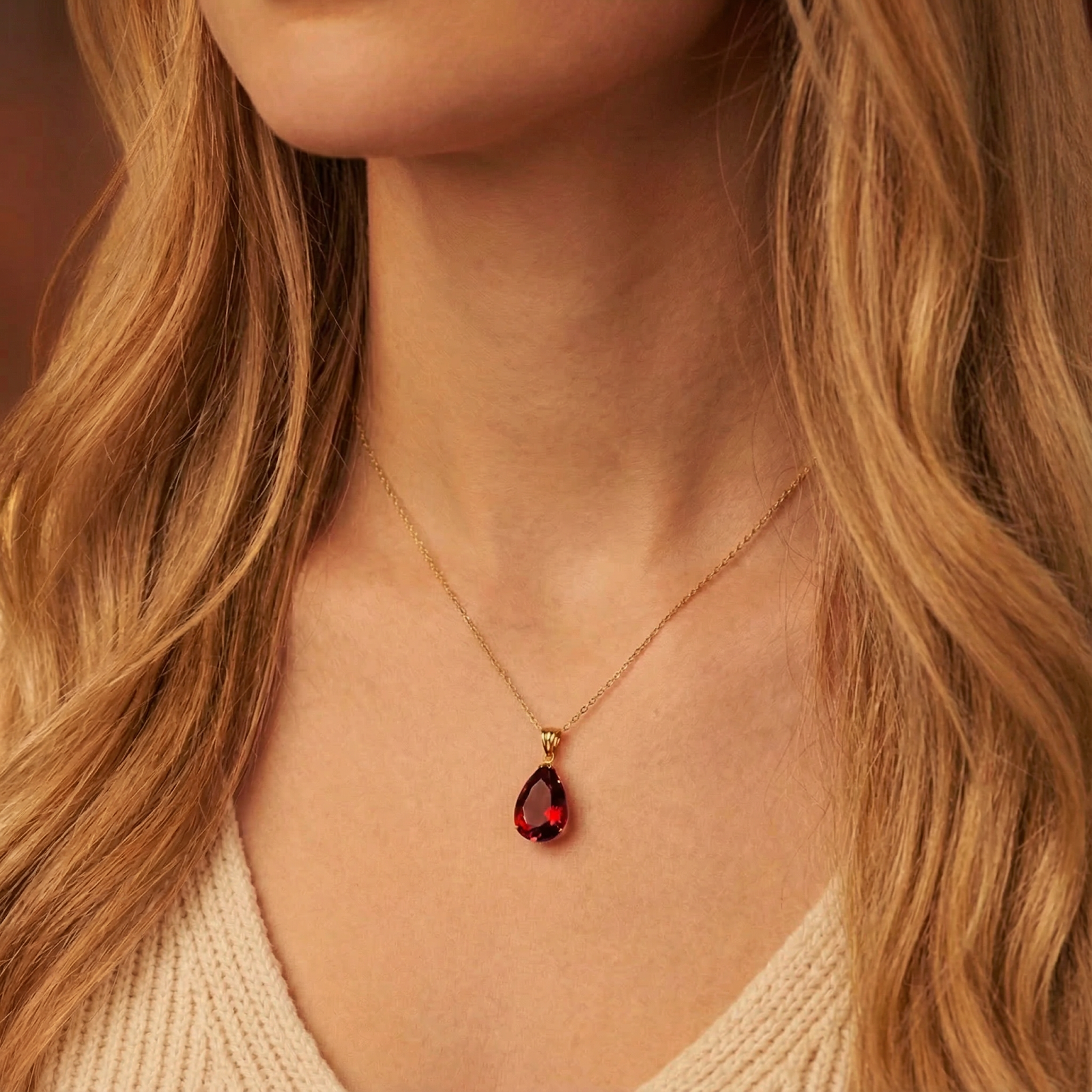 Close-up of the pear cut simulated garnet necklace in 18K gold vermeil on a model's neck.