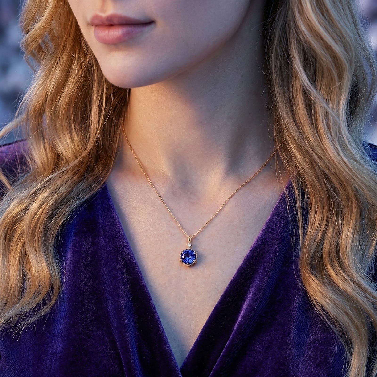 Woman wearing the Valerise Hex 18K gold vermeil necklace featuring a brilliant blue-violet simulated tanzanite.