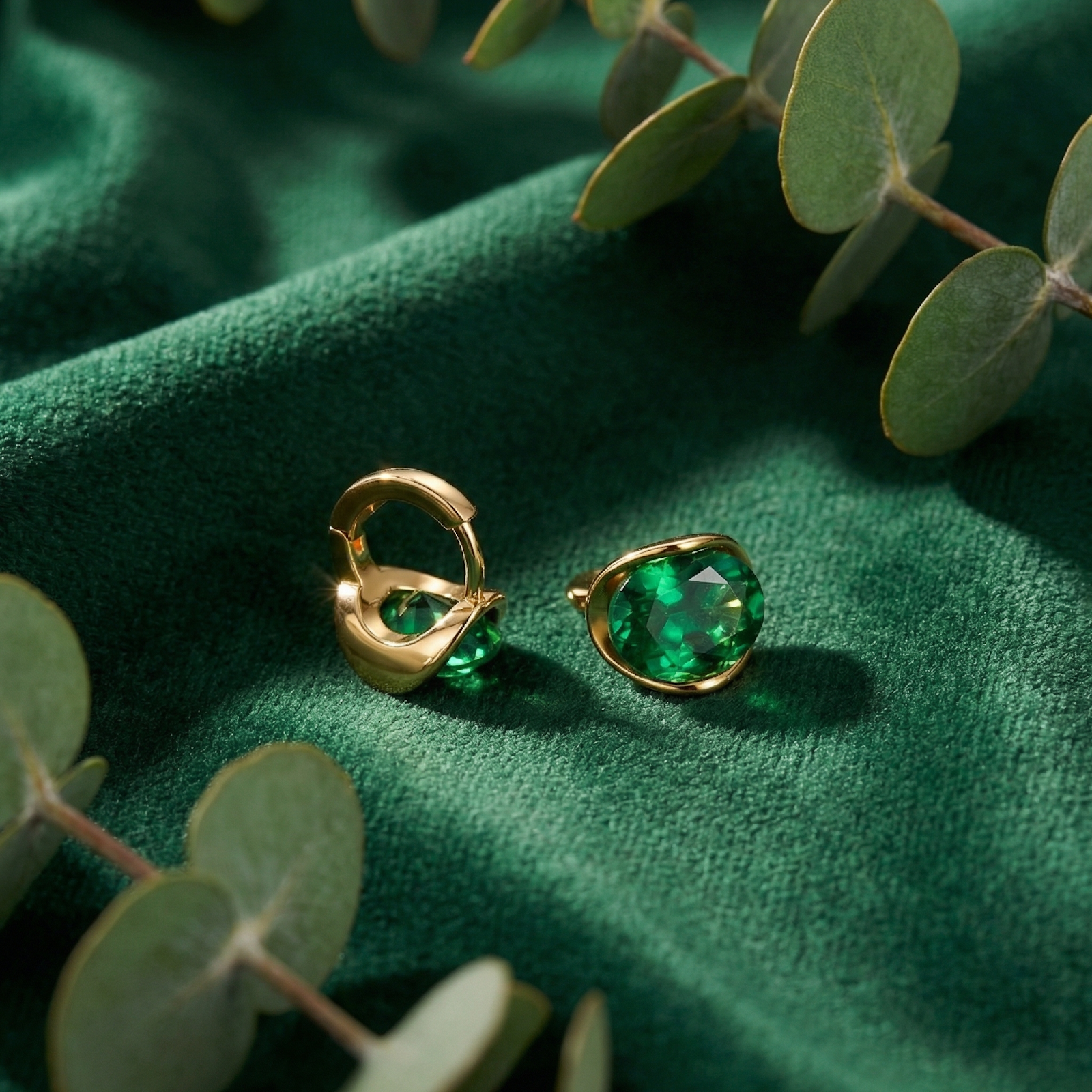 Side and front view of The Veris Oval 18K gold plated simulated emerald earrings on green velvet.