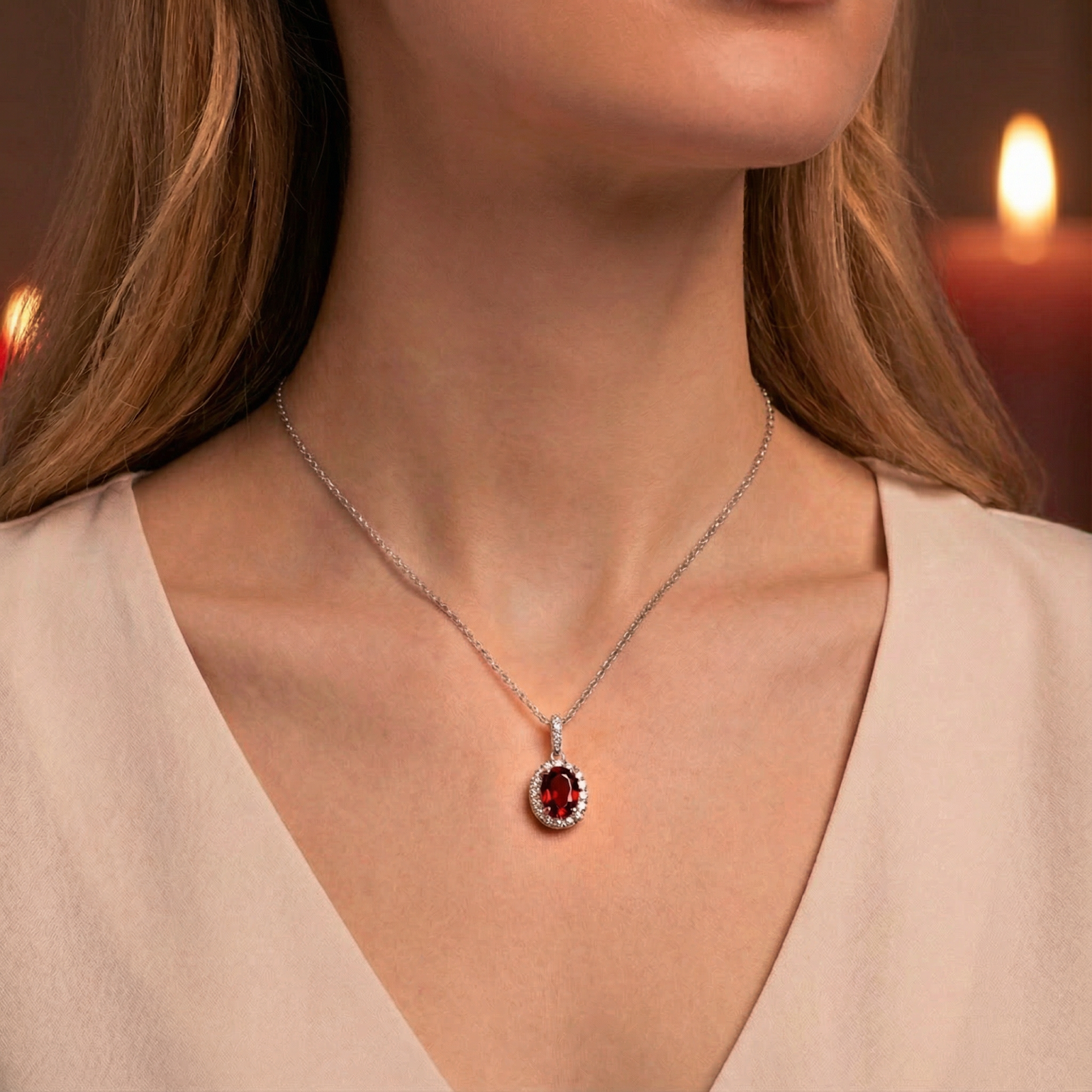 Front view of a woman wearing the Orielle halo necklace with an oval cut simulated garnet.