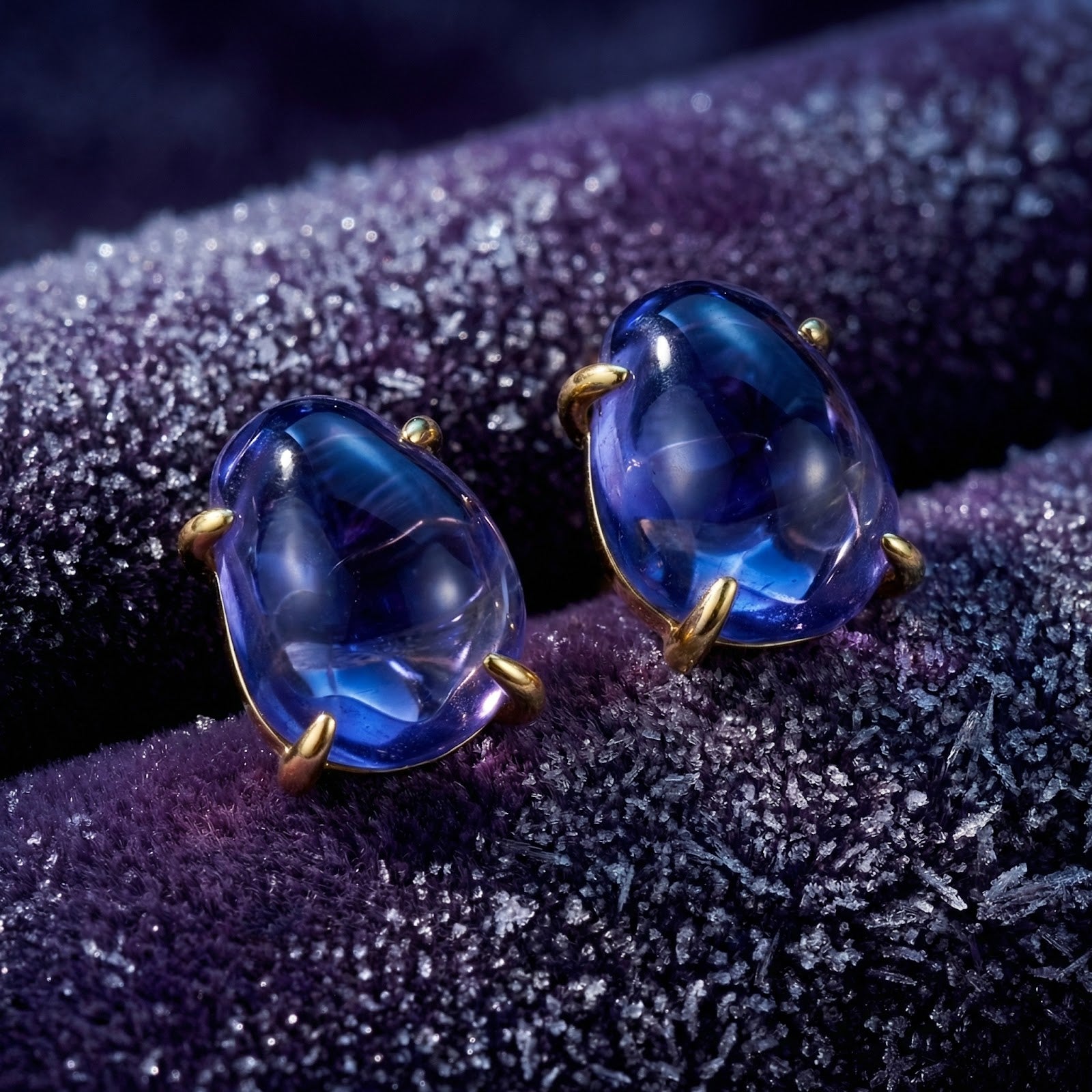 Macro view of organic four-claw gold vermeil settings holding deep blue-violet simulated tanzanite stones.