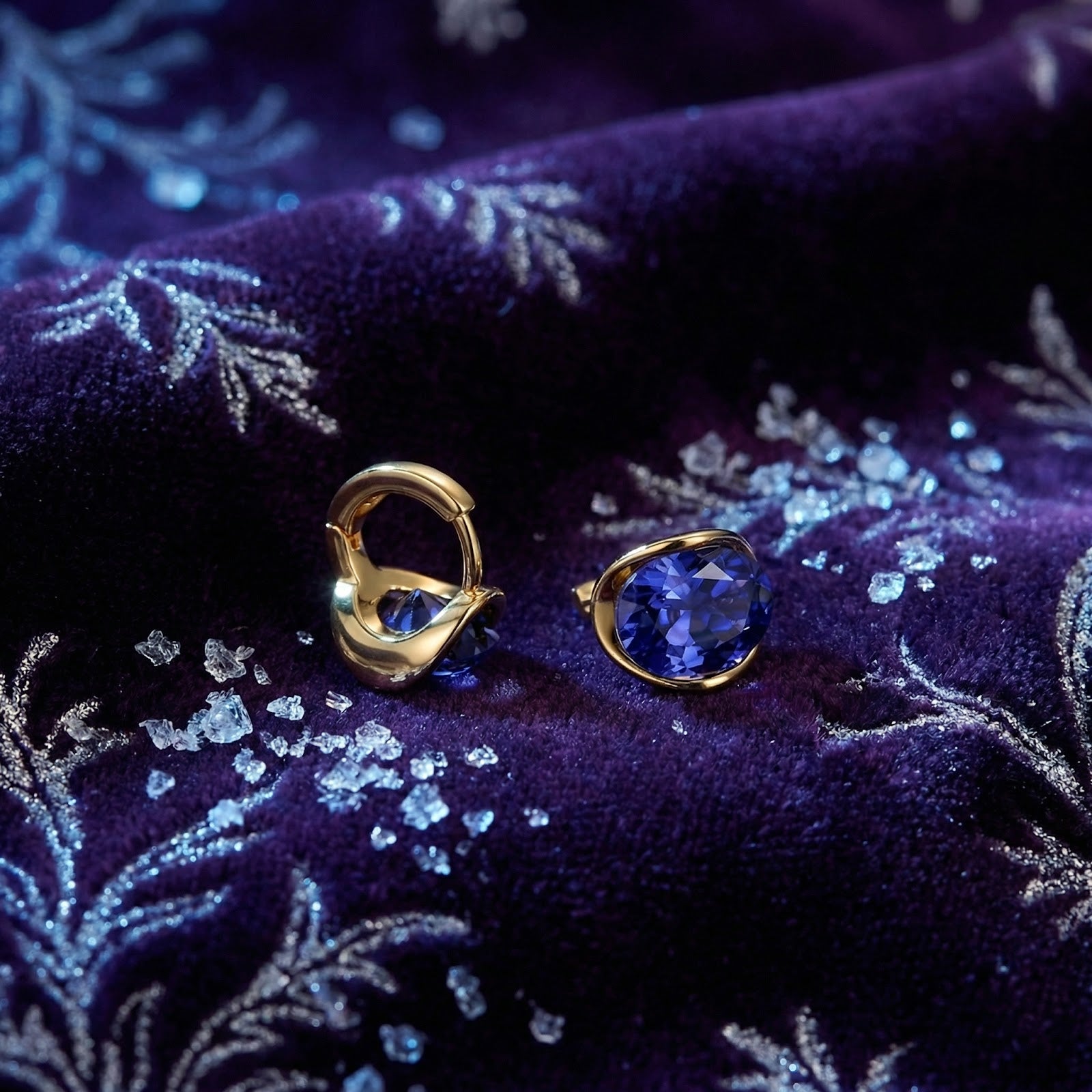Side and front view of oval simulated tanzanite gold vermeil stud earrings on a purple velvet background.