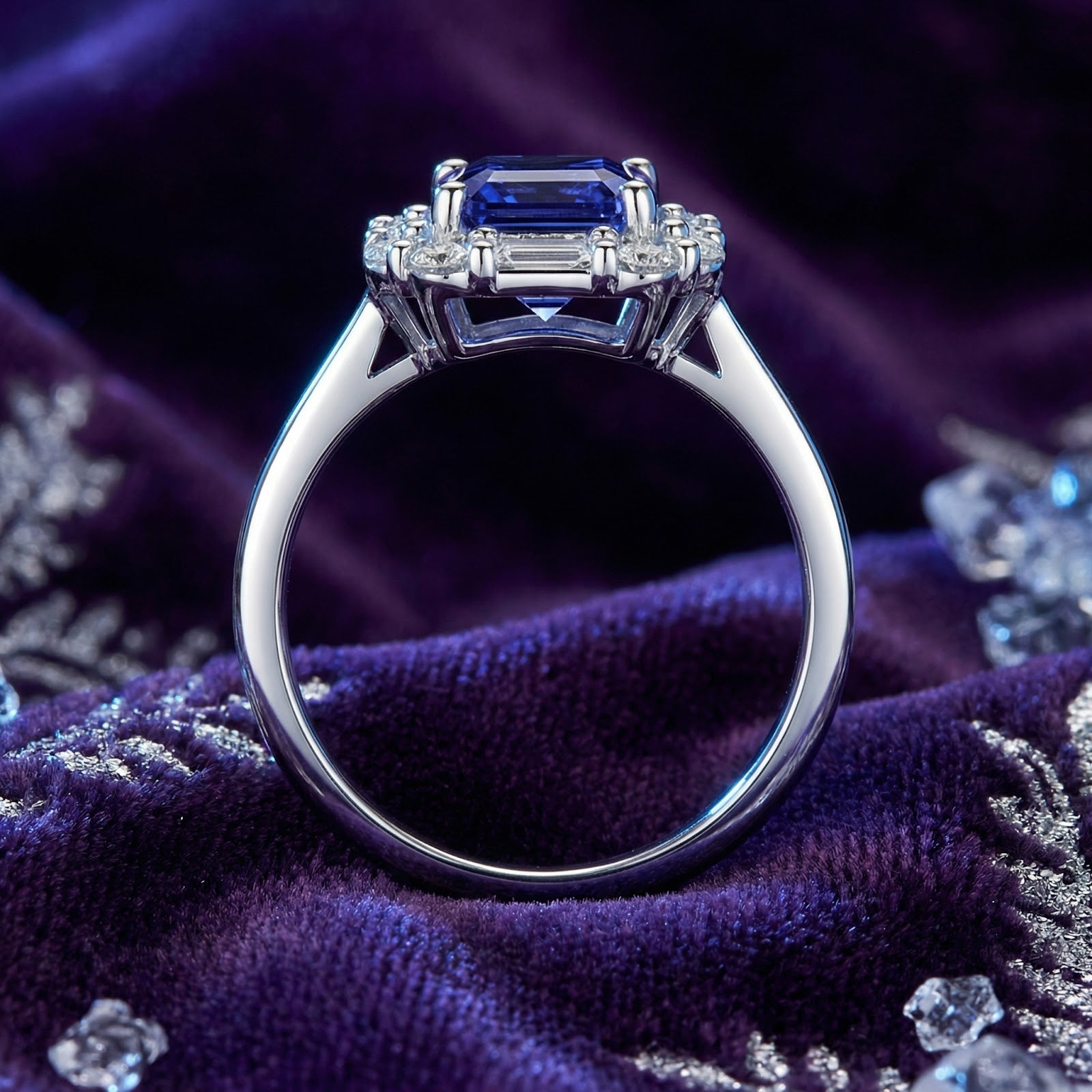 Side profile of the Elisande emerald cut simulated tanzanite sterling silver ring on purple velvet.