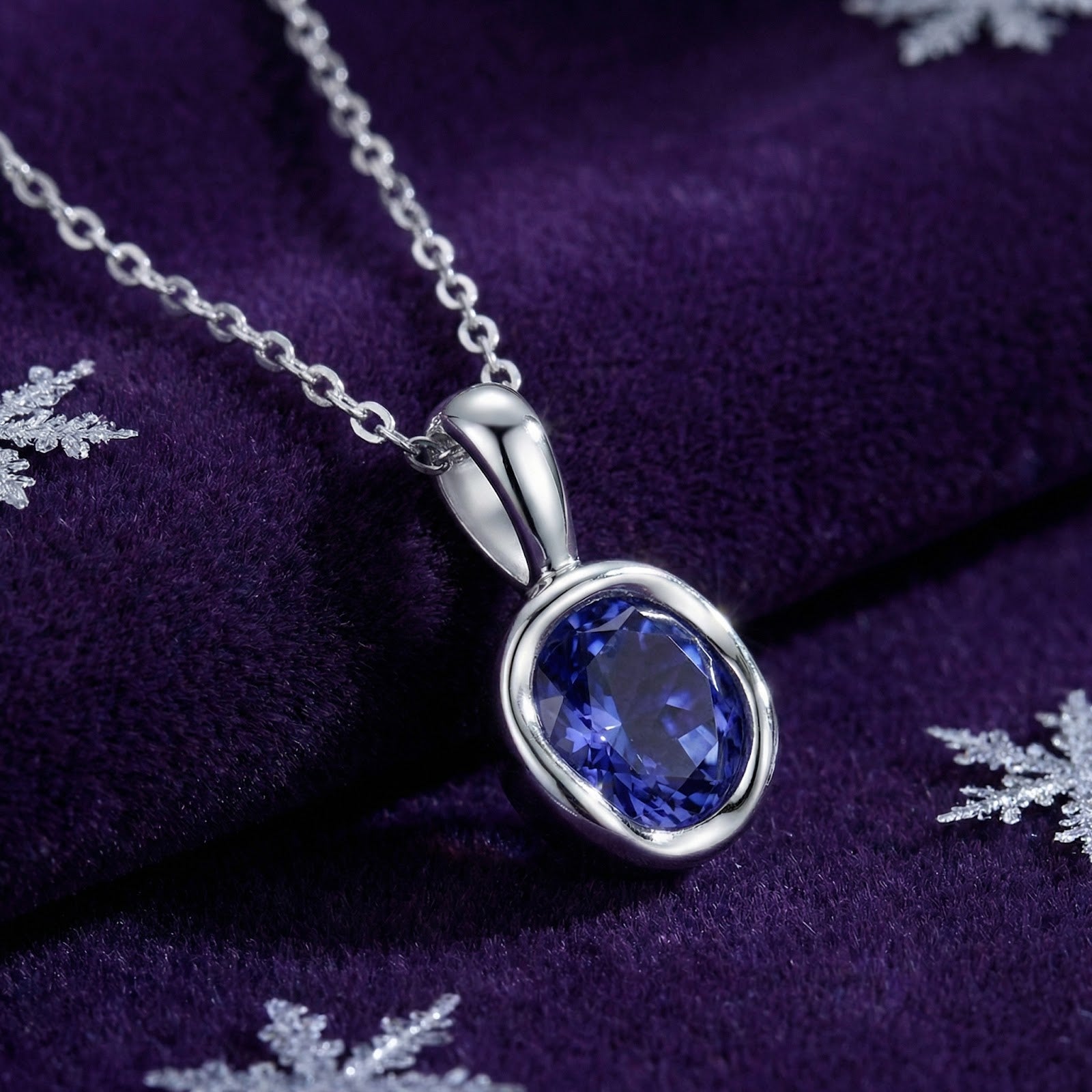 Side profile of the S925 sterling silver round simulated tanzanite pendant on purple velvet with snowflakes.