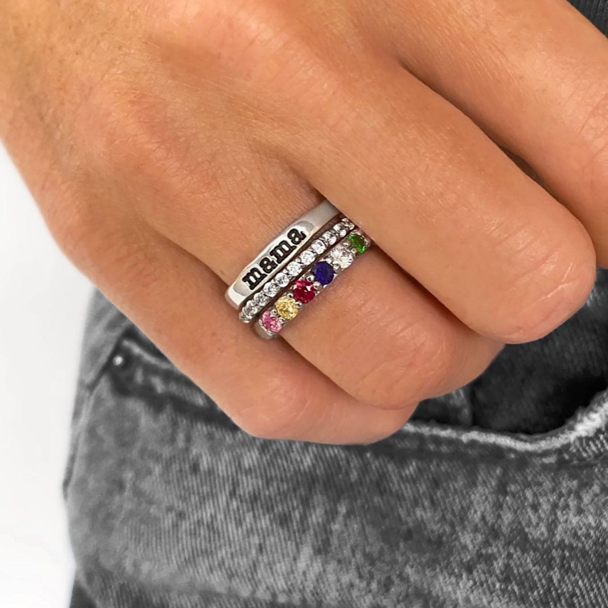 Bagues de nom empilables personnalisées avec pierres de naissance familiales - Argent Sterling S925