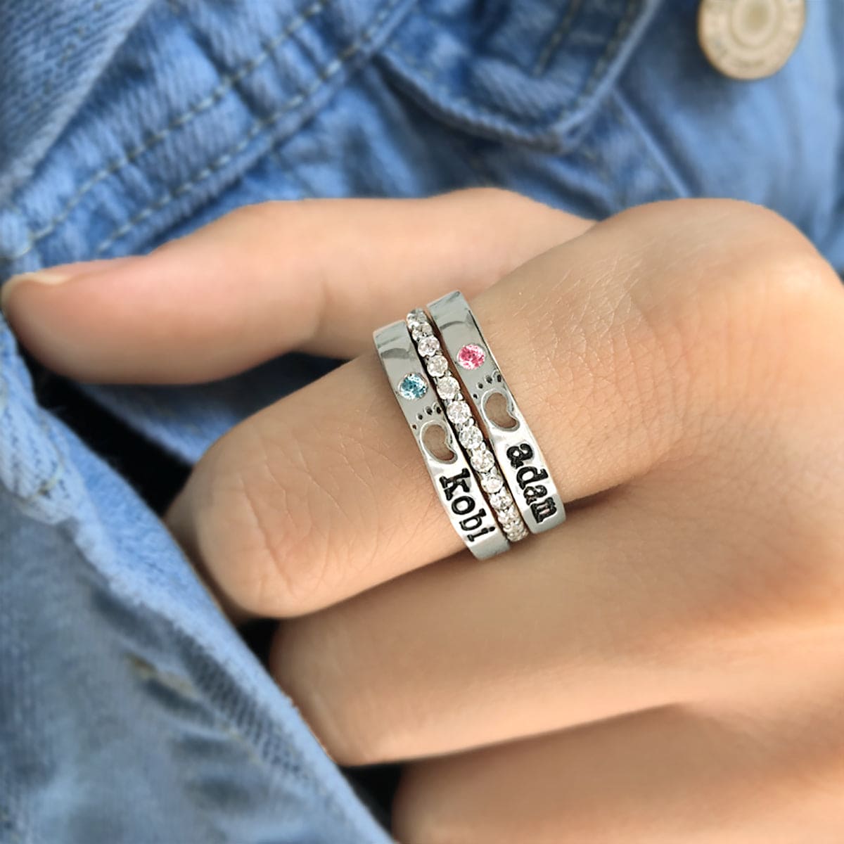Bagues empilables personnalisées avec nom et pierre de naissance - Pieds de bébé - Argent Sterling S925