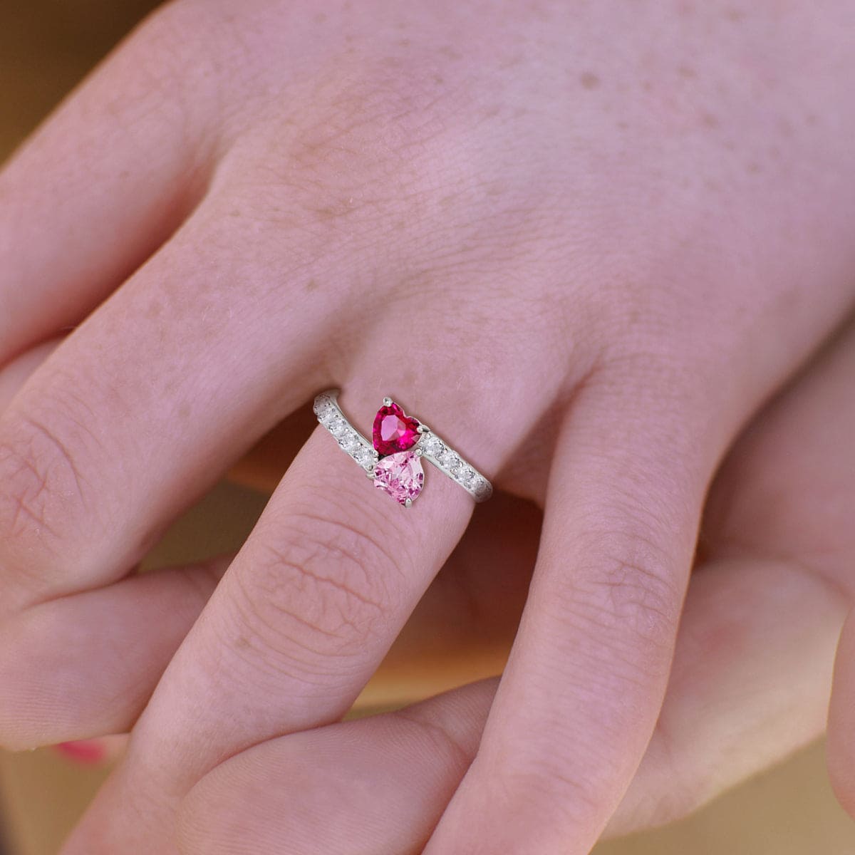 Bague Personnalisée Double Cœur Pierres de Naissance - Argent Sterling S925