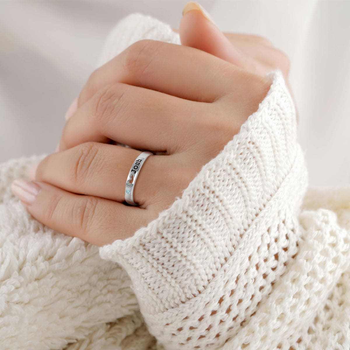 Bague personnalisée avec nom et pierre de naissance taille brillant rond - Argent Sterling S925