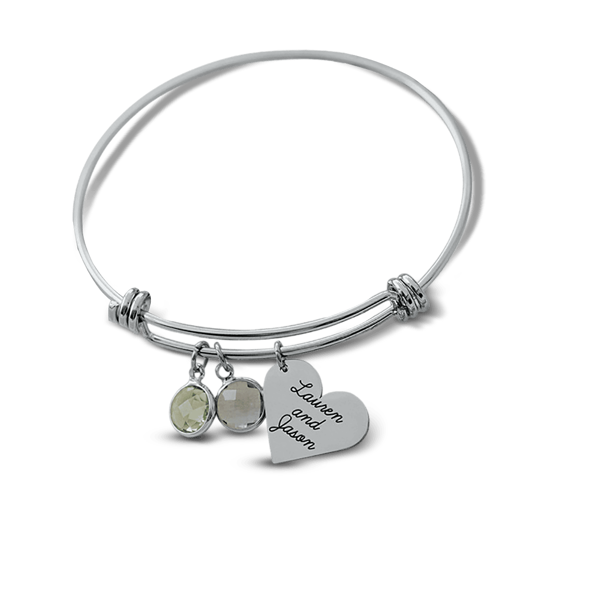 Bracelet jonc personnalisé avec breloque gravée et pierres de naissance - Acier inoxydable