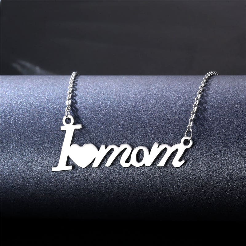 I Love Mom Script Pendant Necklace - Stainless Steel