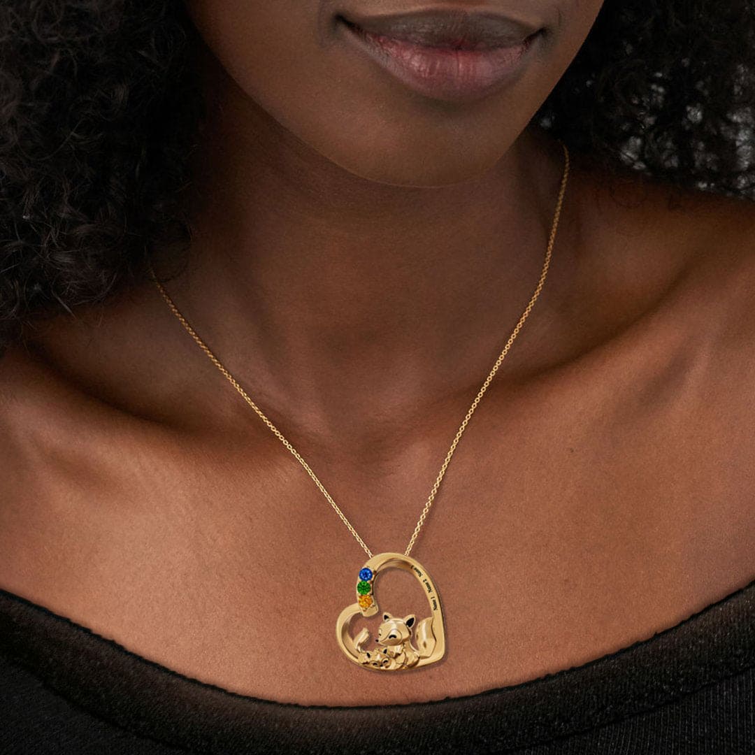 Collier Personnalisé Famille Renard Pierres de Naissance - Acier Inoxydable