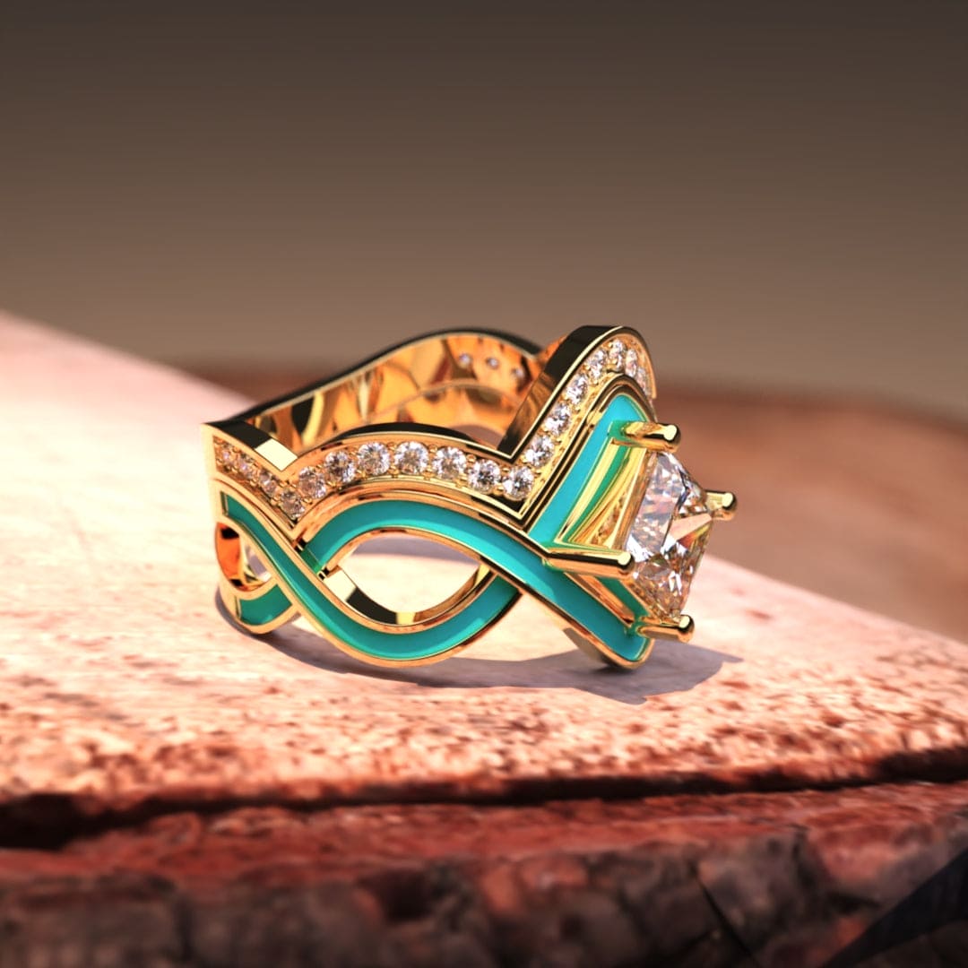 Ocean Wave: Turquoise Vermeil Or 18K, Ensemble de 2 Bagues