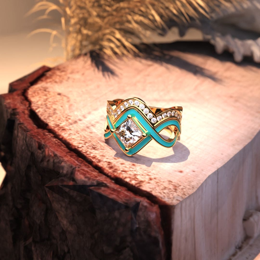 Ocean Wave: Turquoise Vermeil Or 18K, Ensemble de 2 Bagues