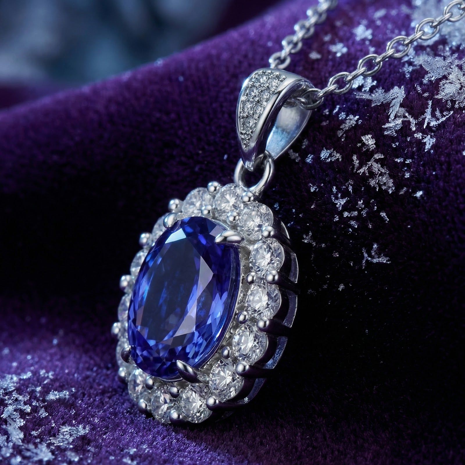 Macro view of the sterling silver Azurienne halo pendant with an oval simulated tanzanite on purple velvet.