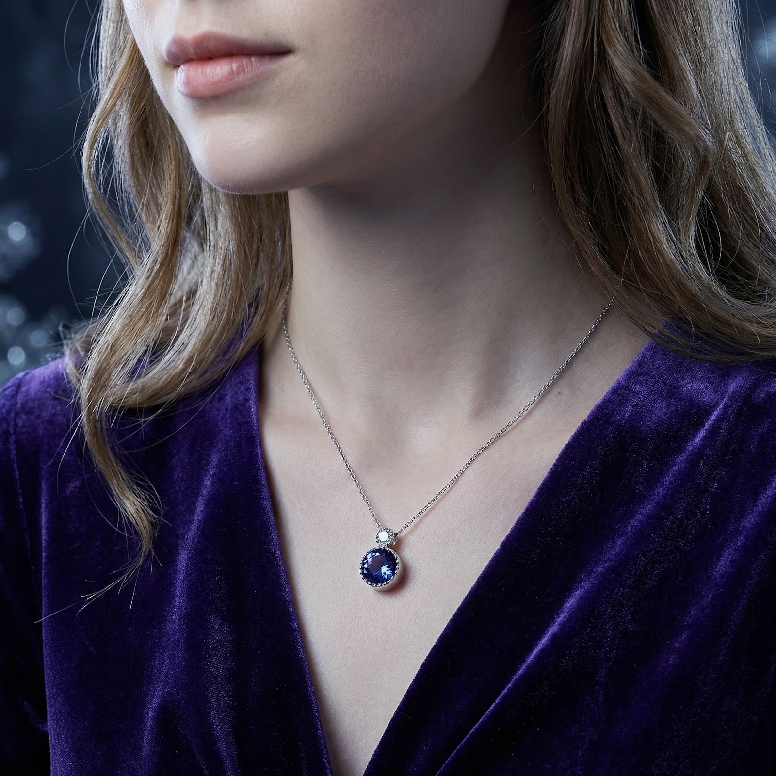 Model wearing the Zenaraea sterling silver drop necklace featuring a round-cut simulated tanzanite.