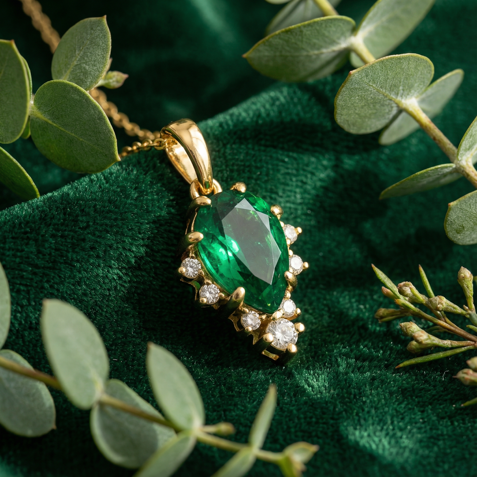 Side view of a pear-shaped simulated emerald pendant in 18K gold vermeil styled with green foliage on velvet.