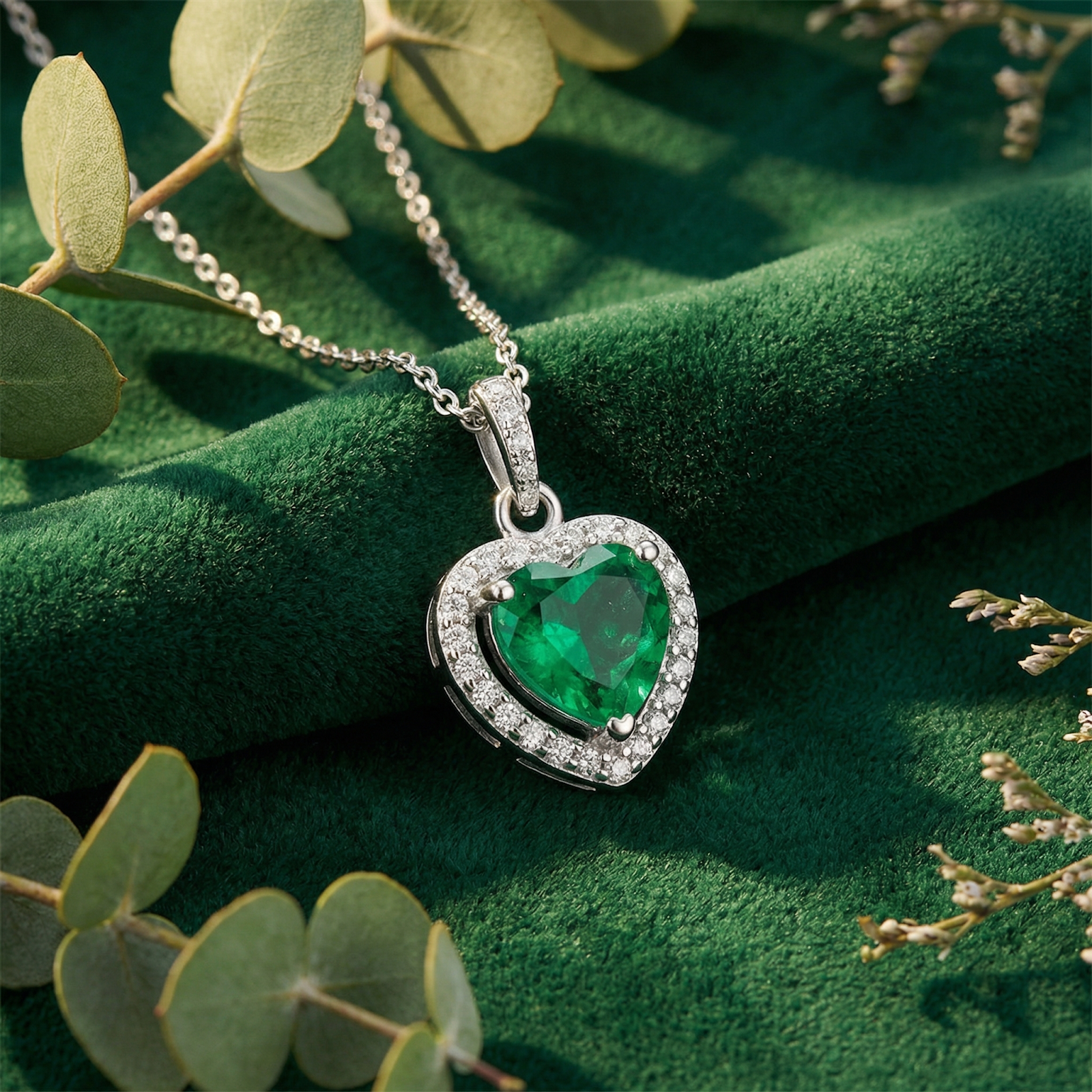 Angled view of a heart-cut simulated emerald halo necklace in sterling silver on green velvet.