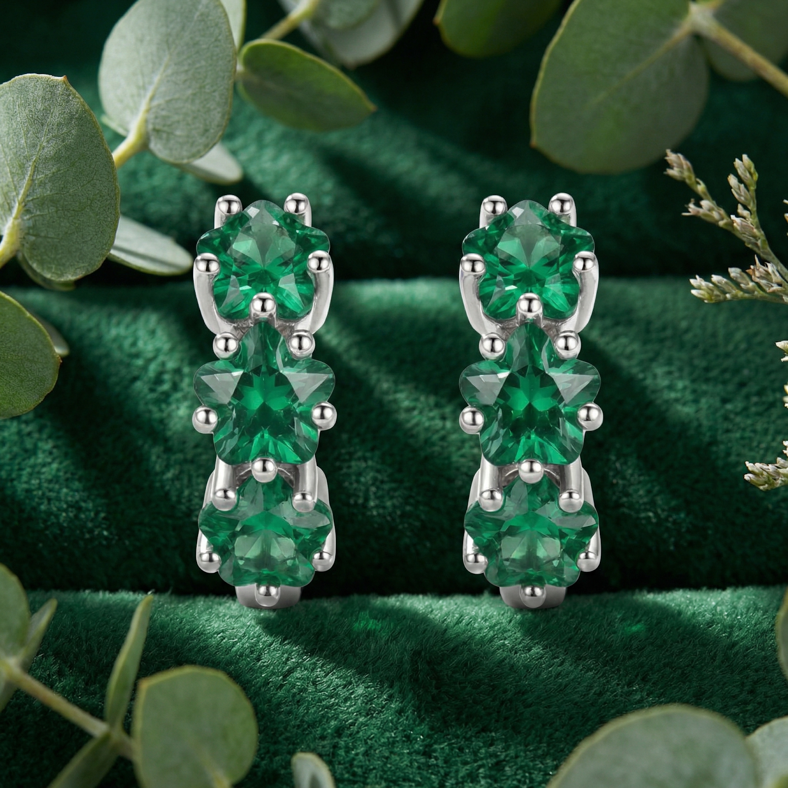 Front macro view of triple star-cut simulated emerald sterling silver huggie earrings on green velvet.