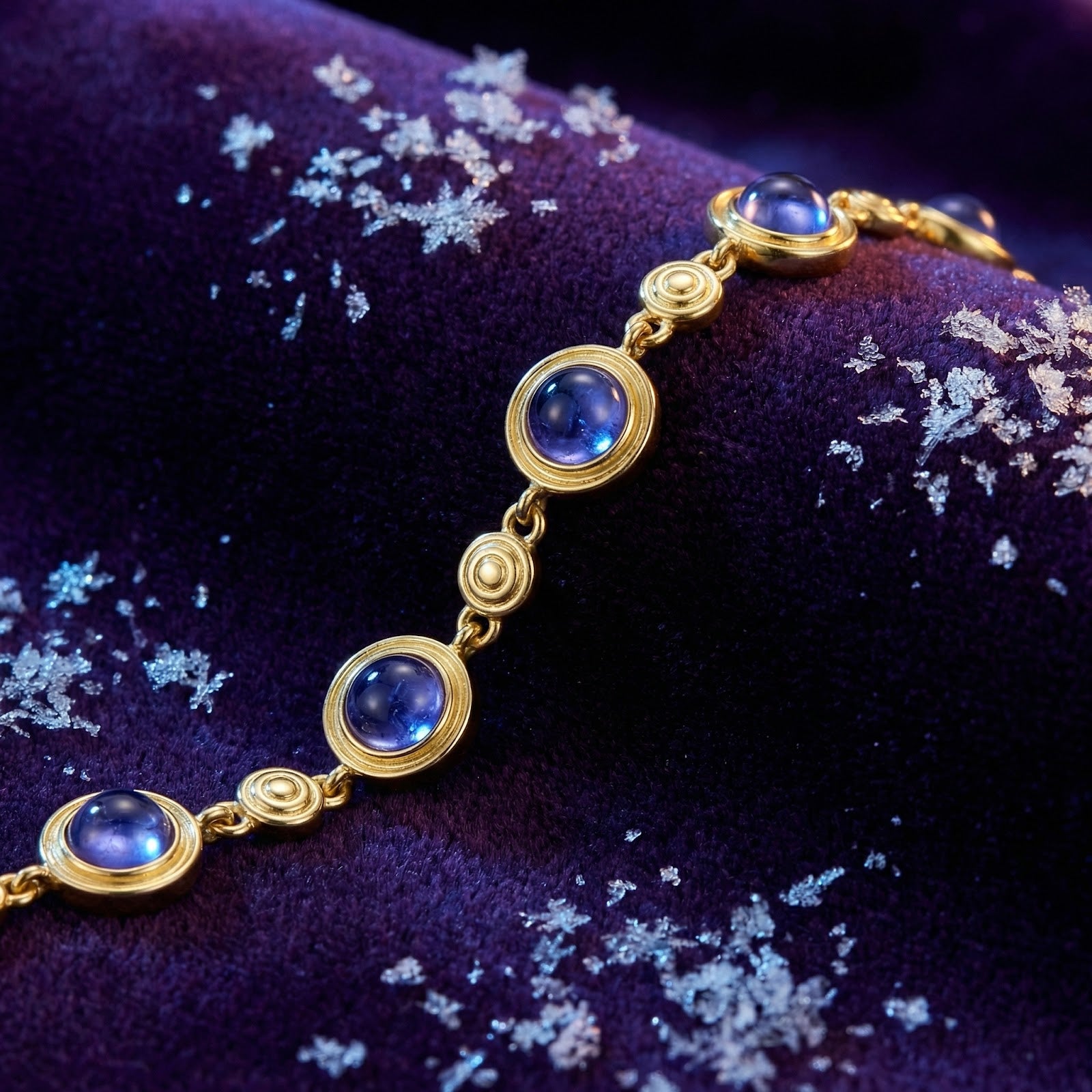 Macro view of round blue-violet simulated tanzanite stones in 18K gold vermeil bezel settings.