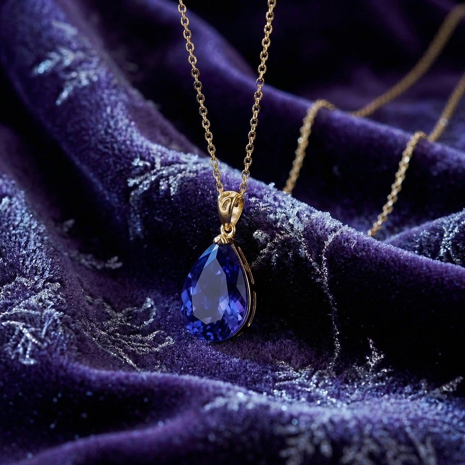 Close-up of a pear-cut simulated tanzanite pendant in an 18K gold vermeil setting on a gold chain.