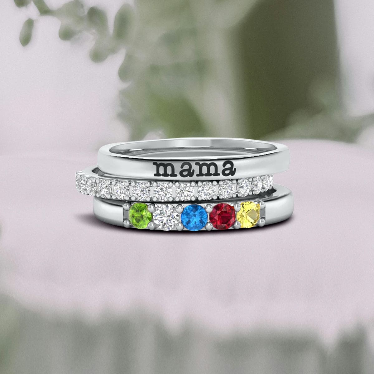 Bagues de nom empilables personnalisées avec pierres de naissance familiales - Argent Sterling S925