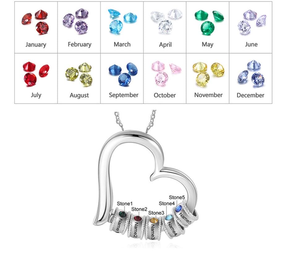 Collier Personnalisé Cœur Familial Pierres de Naissance et Noms - Acier Inoxydable