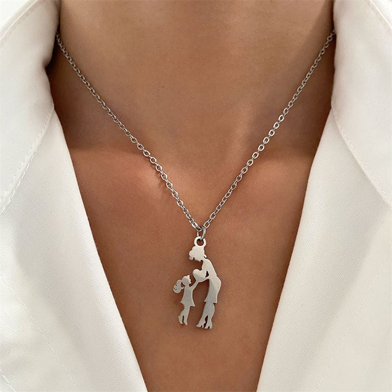 Collier Pendentif Mère Joyeuse et Deux Enfants - Acier Inoxydable