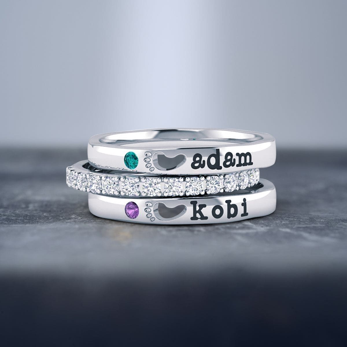 Bagues empilables personnalisées avec nom et pierre de naissance - Pieds de bébé - Argent Sterling S925