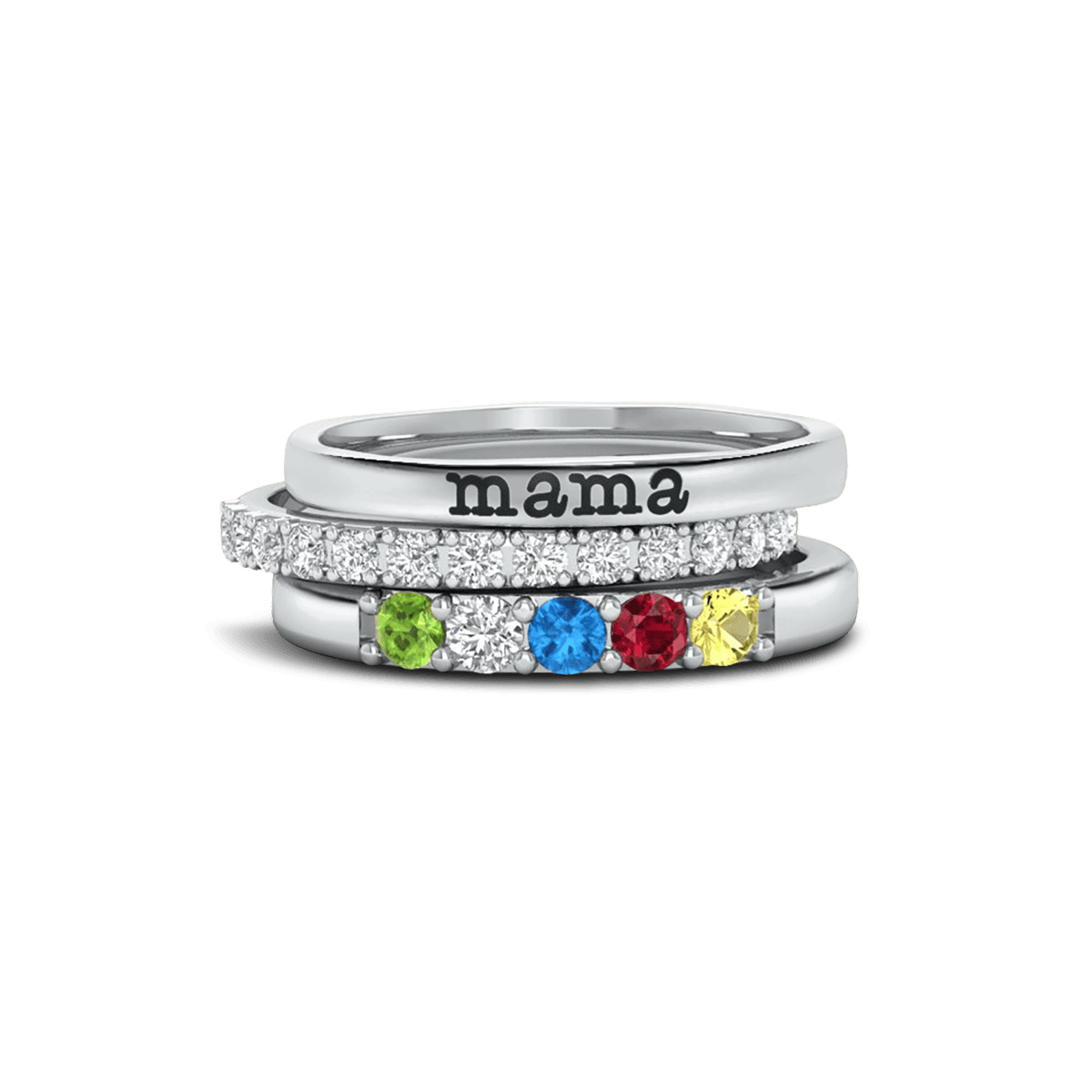 Bagues de nom empilables personnalisées avec pierres de naissance familiales - Argent Sterling S925