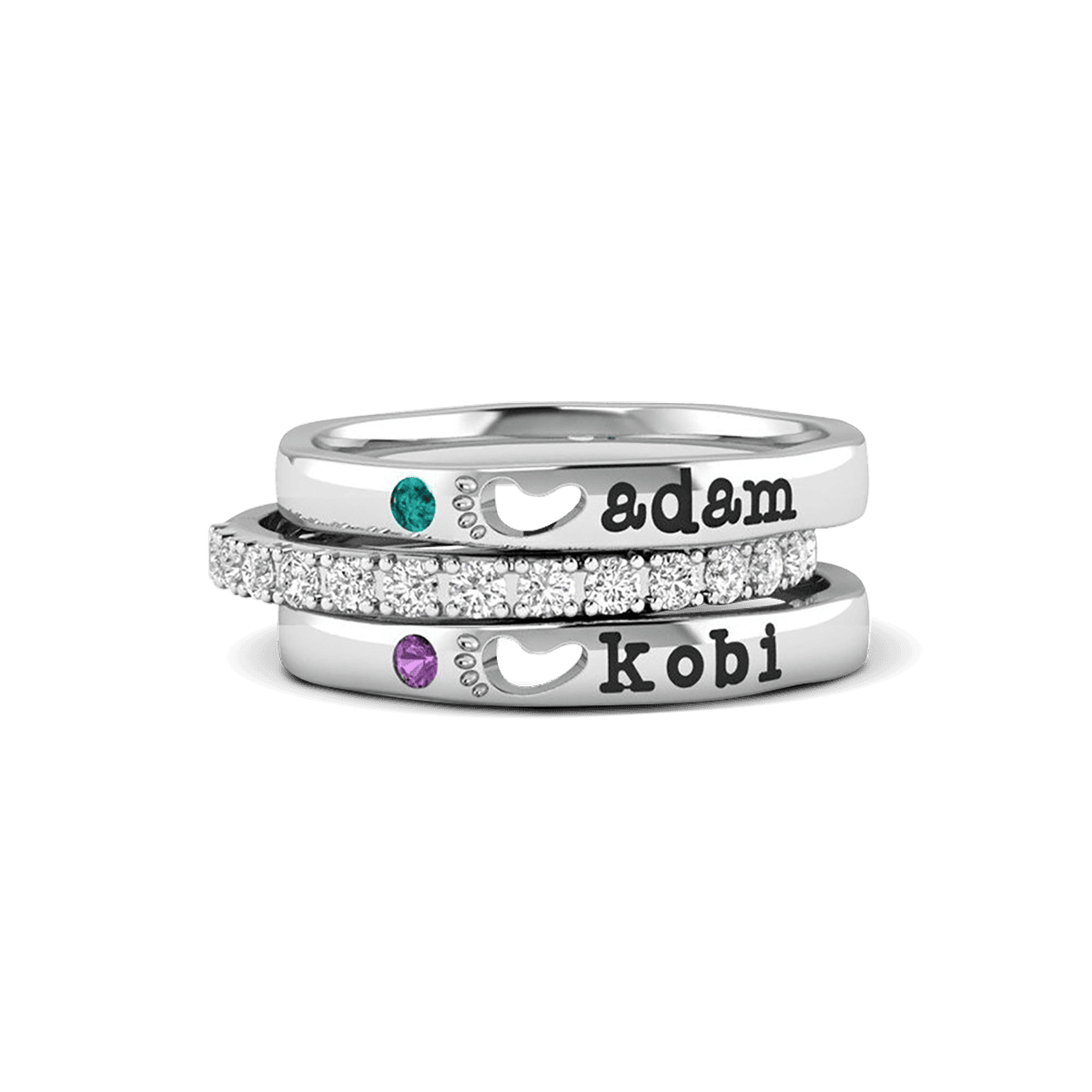 Bagues empilables personnalisées avec nom et pierre de naissance - Pieds de bébé - Argent Sterling S925