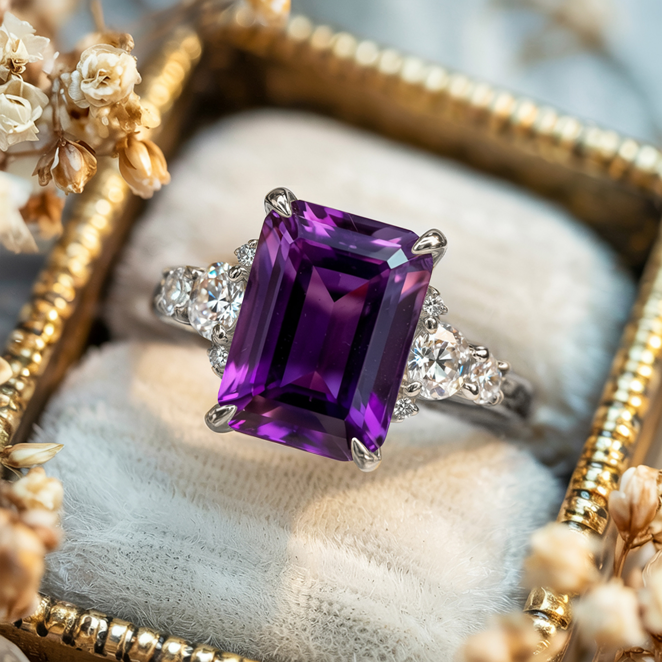 The Bella Jewel 3CT Emerald Cut Purple Moissanite Ring