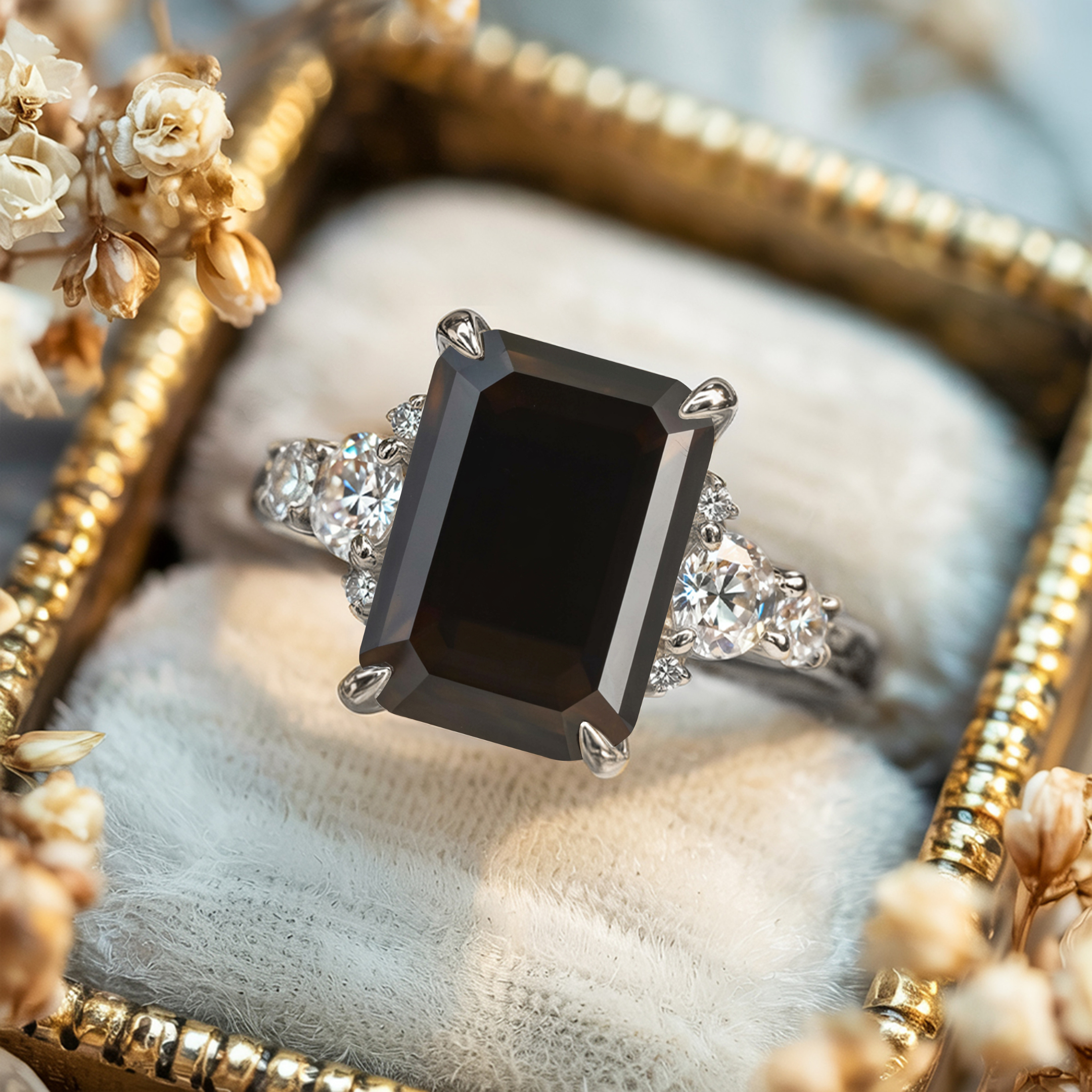 The Bella Jewel 3CT Emerald Cut Black Moissanite Ring