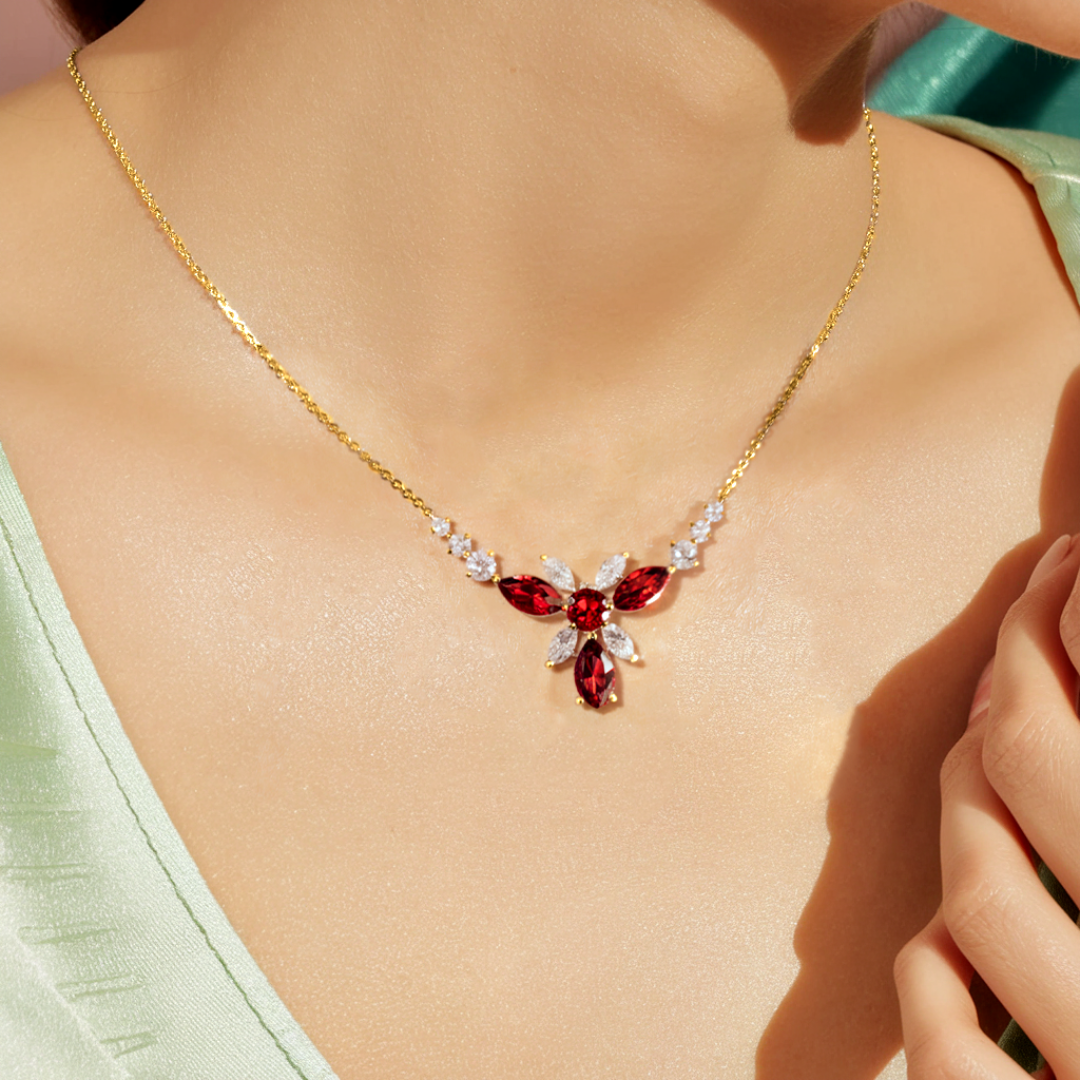 Collier Grenat Rond Floral Écarlate - Argent S925
