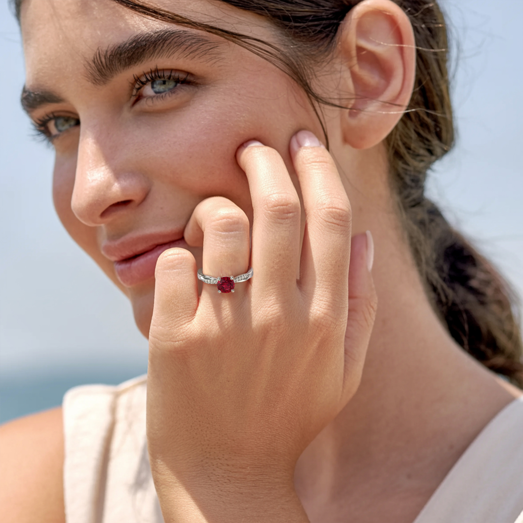 Twisted Band 1CT Round Cut Red Moissanite Ring