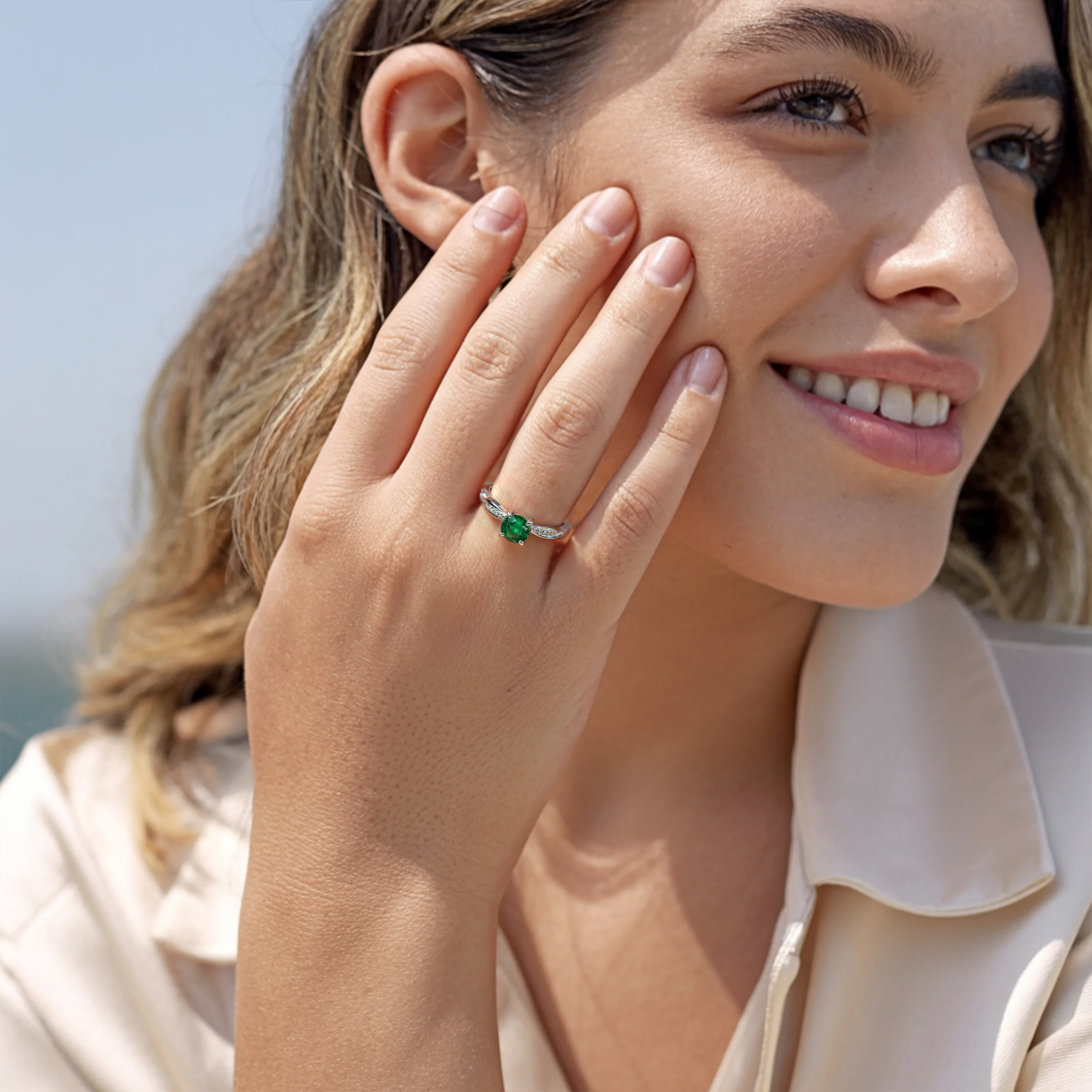 Twisted Band 1CT Round Cut Green Moissanite Ring