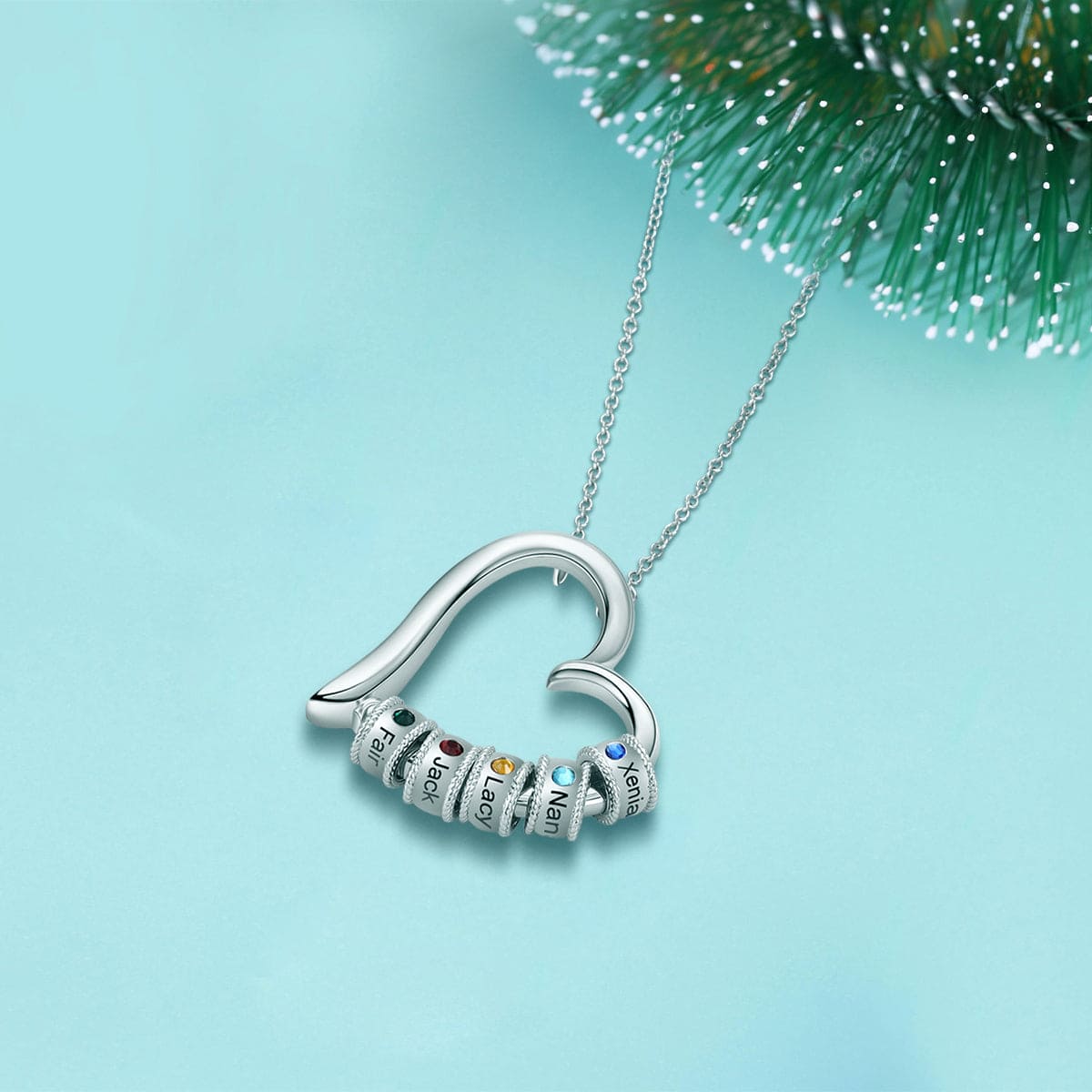 Collier Personnalisé Cœur Familial Pierres de Naissance et Noms - Acier Inoxydable