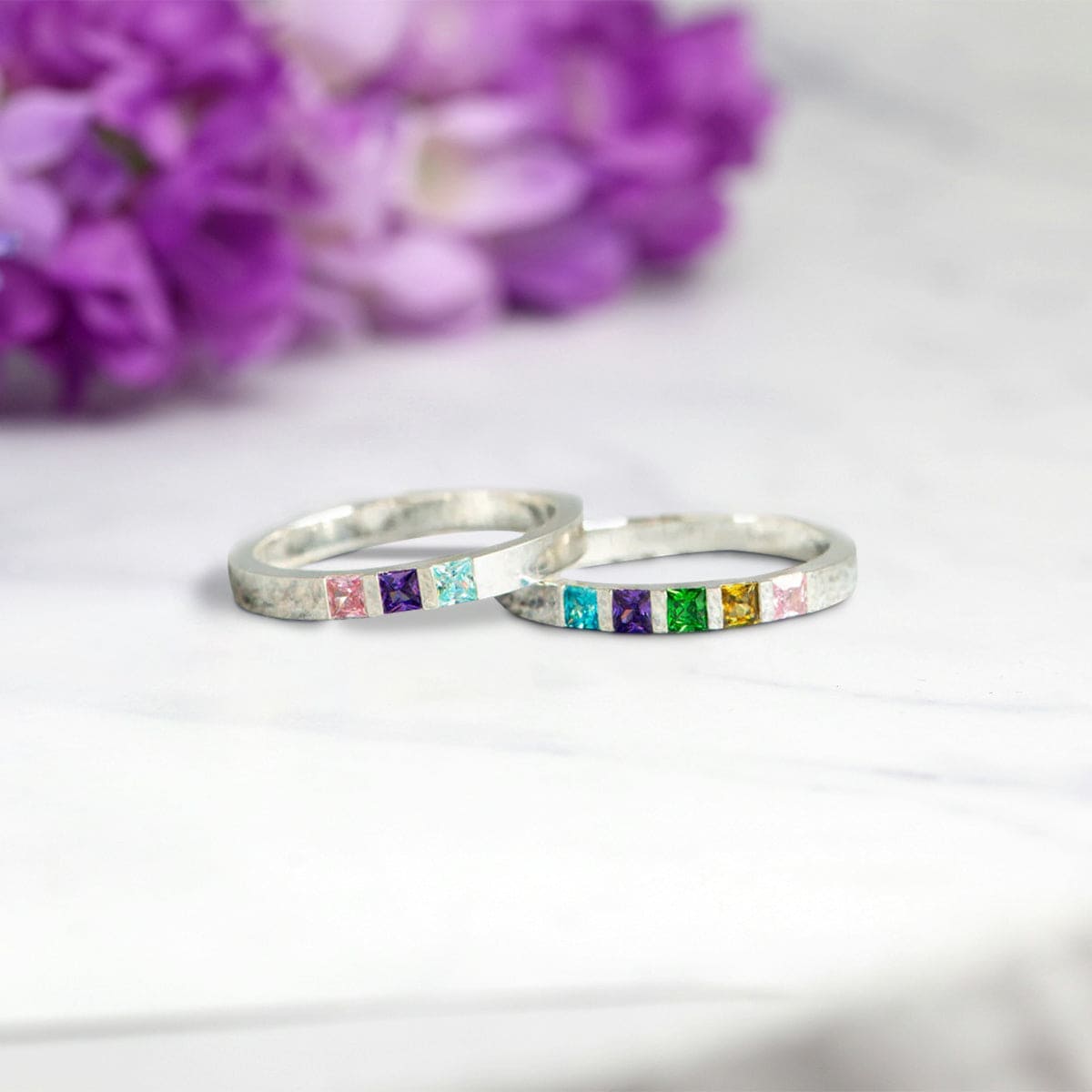 Bague personnalisée pierres de naissance familiales, coupe carrée - Argent Sterling S925