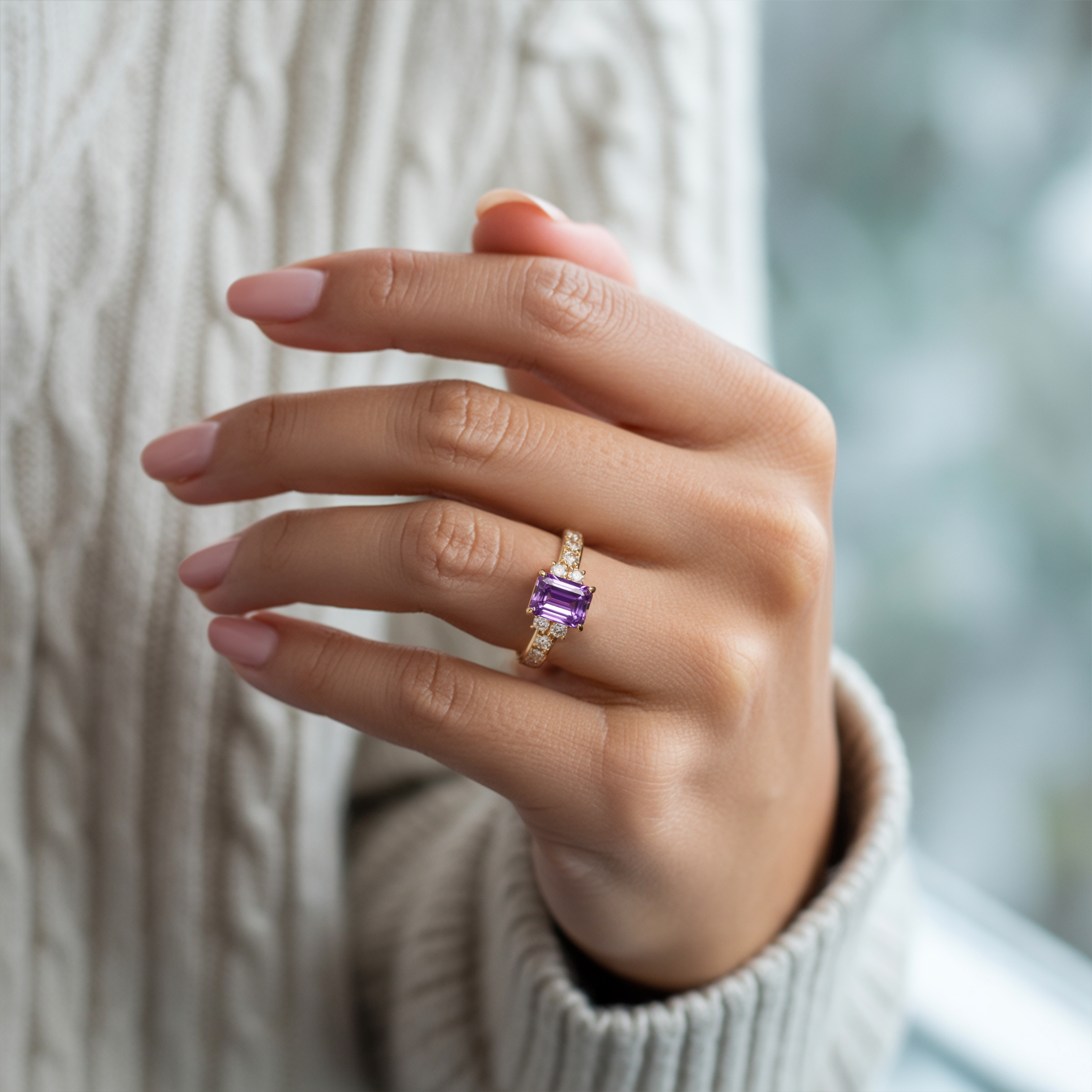The Adelina Rae 2CT Emerald Cut Purple Moissanite Ring